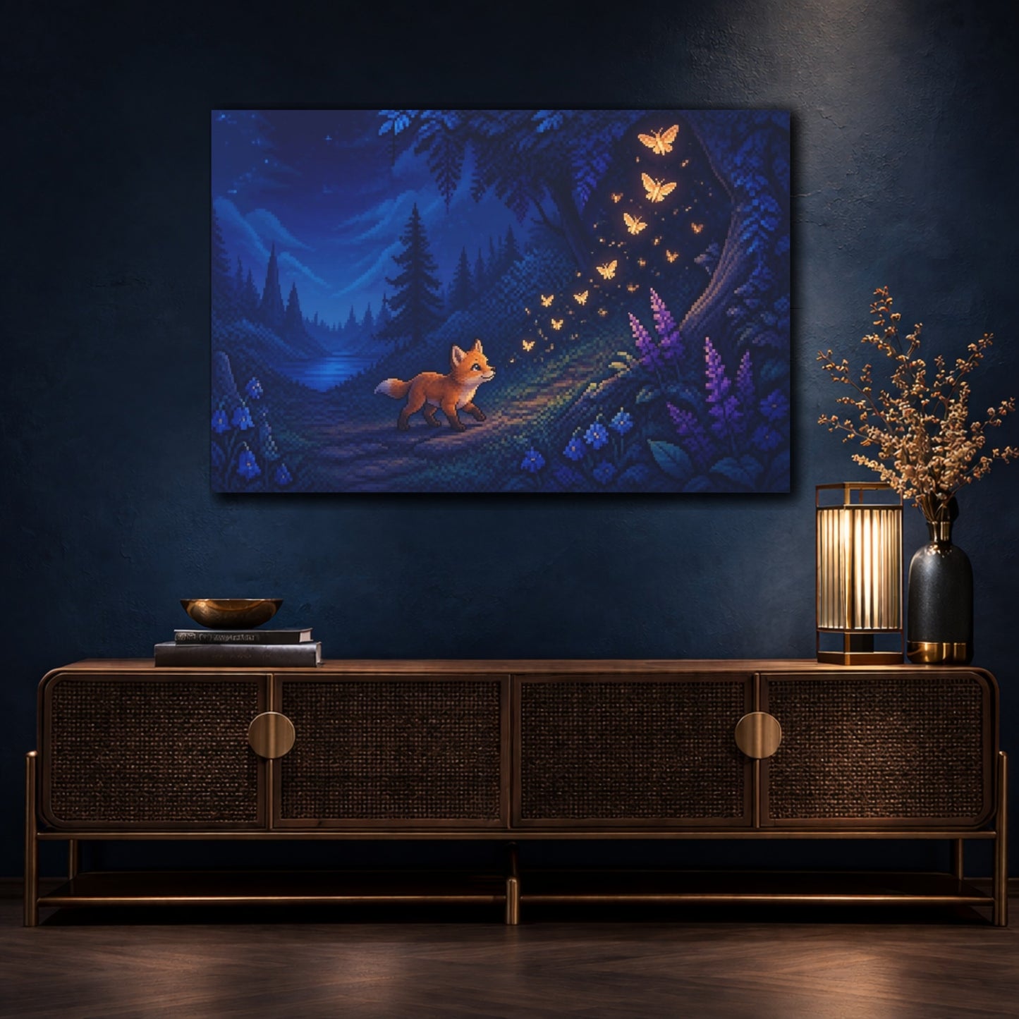 Mockup 4. Fox Cub And Glowing Moths shown as canvas print