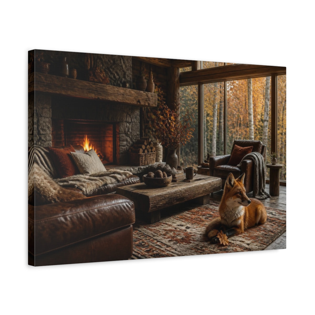 Side Mockup 3. Fox In Living Room shown as canvas print