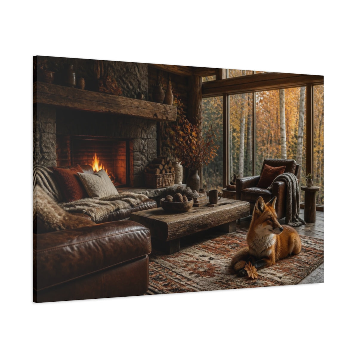 Side Mockup 1. Fox In Living Room shown as canvas print