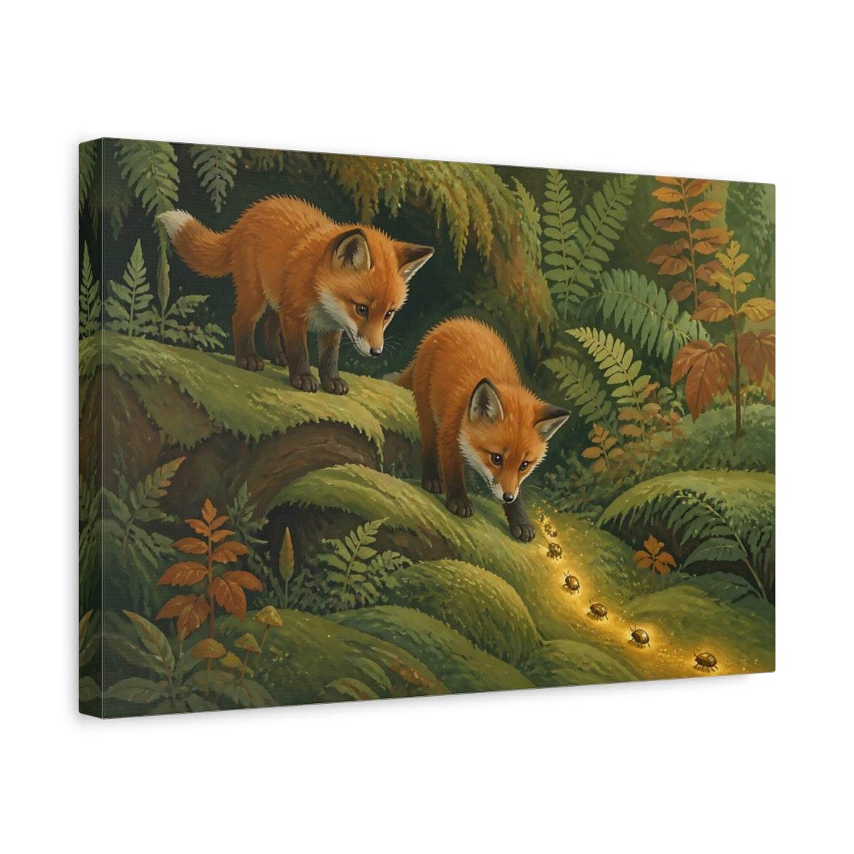 Side Mockup 4. Fox Kits And Golden Beetles shown as canvas print
