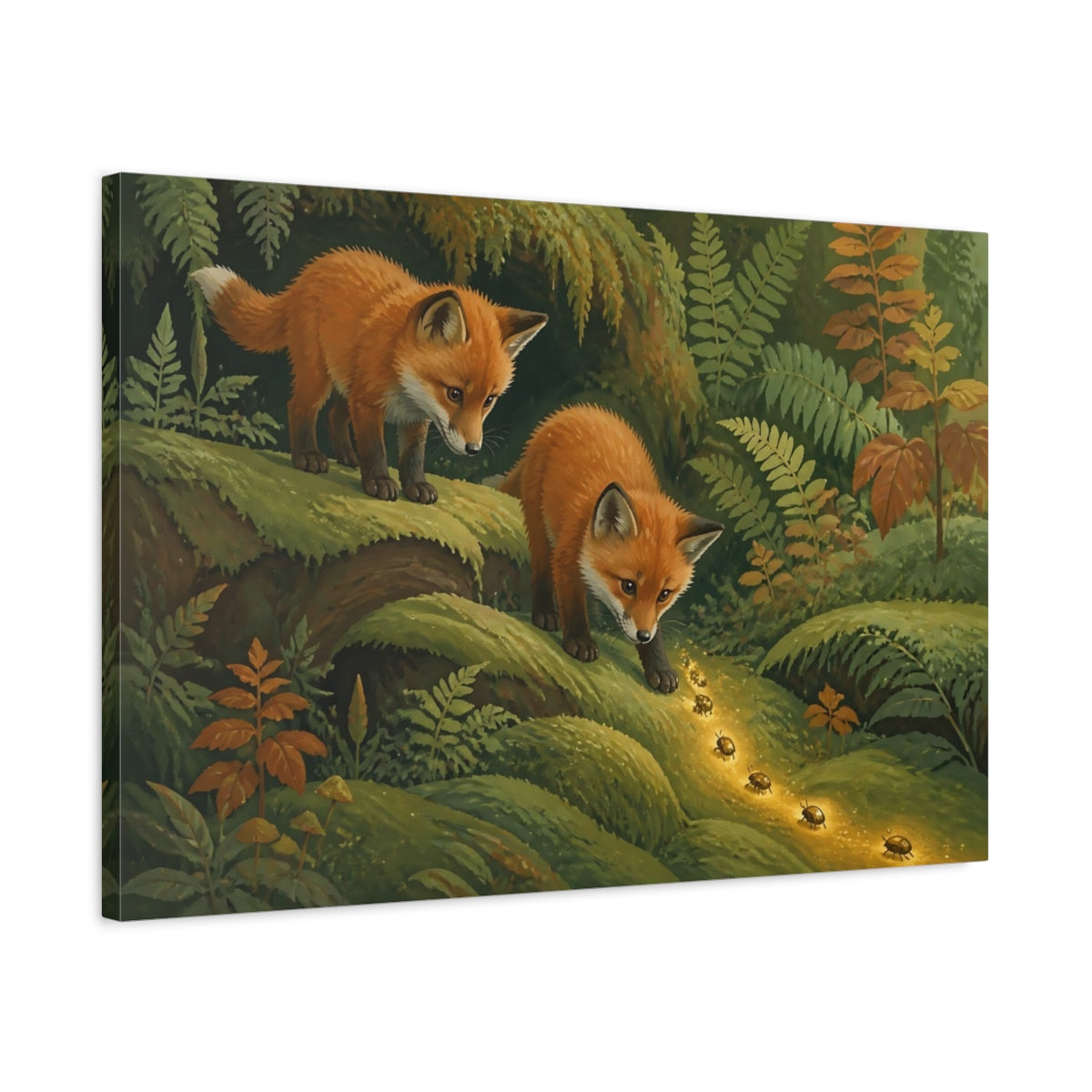 Side Mockup 2. Fox Kits And Golden Beetles shown as canvas print