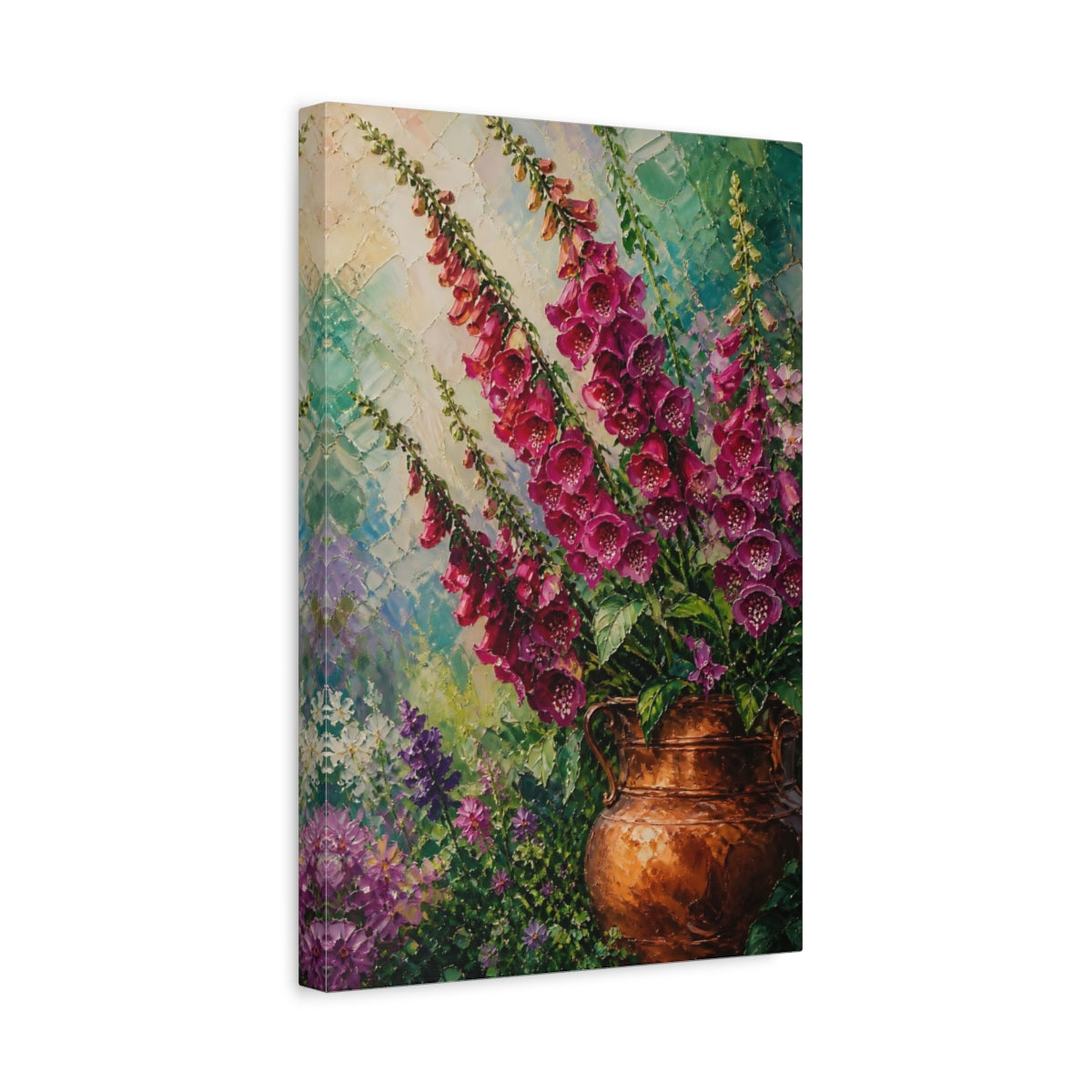 Side Mockup 4. Foxglove Flowers In Copper Vase shown as canvas print