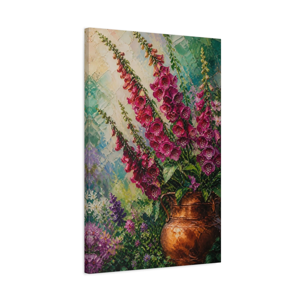 Side Mockup 2. Foxglove Flowers In Copper Vase shown as canvas print