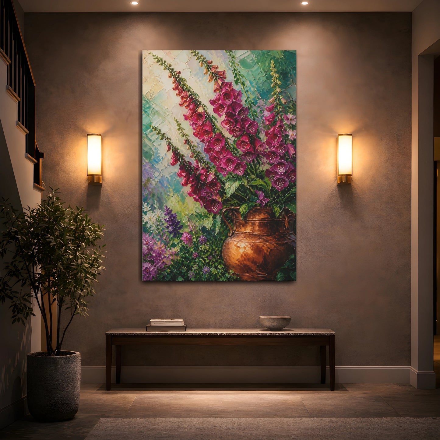 Mockup 2. Foxglove Flowers In Copper Vase shown as canvas print