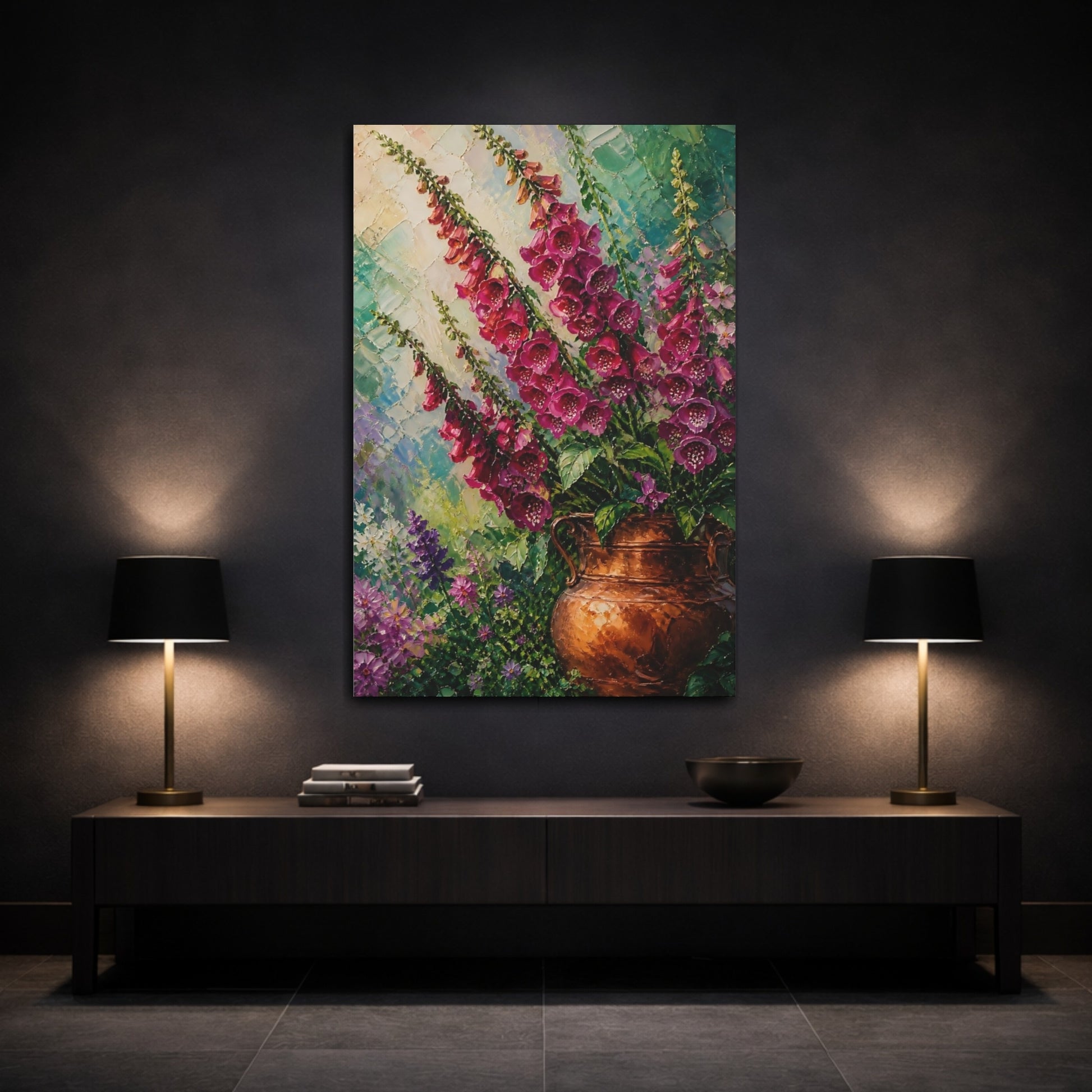 Mockup 3. Foxglove Flowers In Copper Vase shown as canvas print