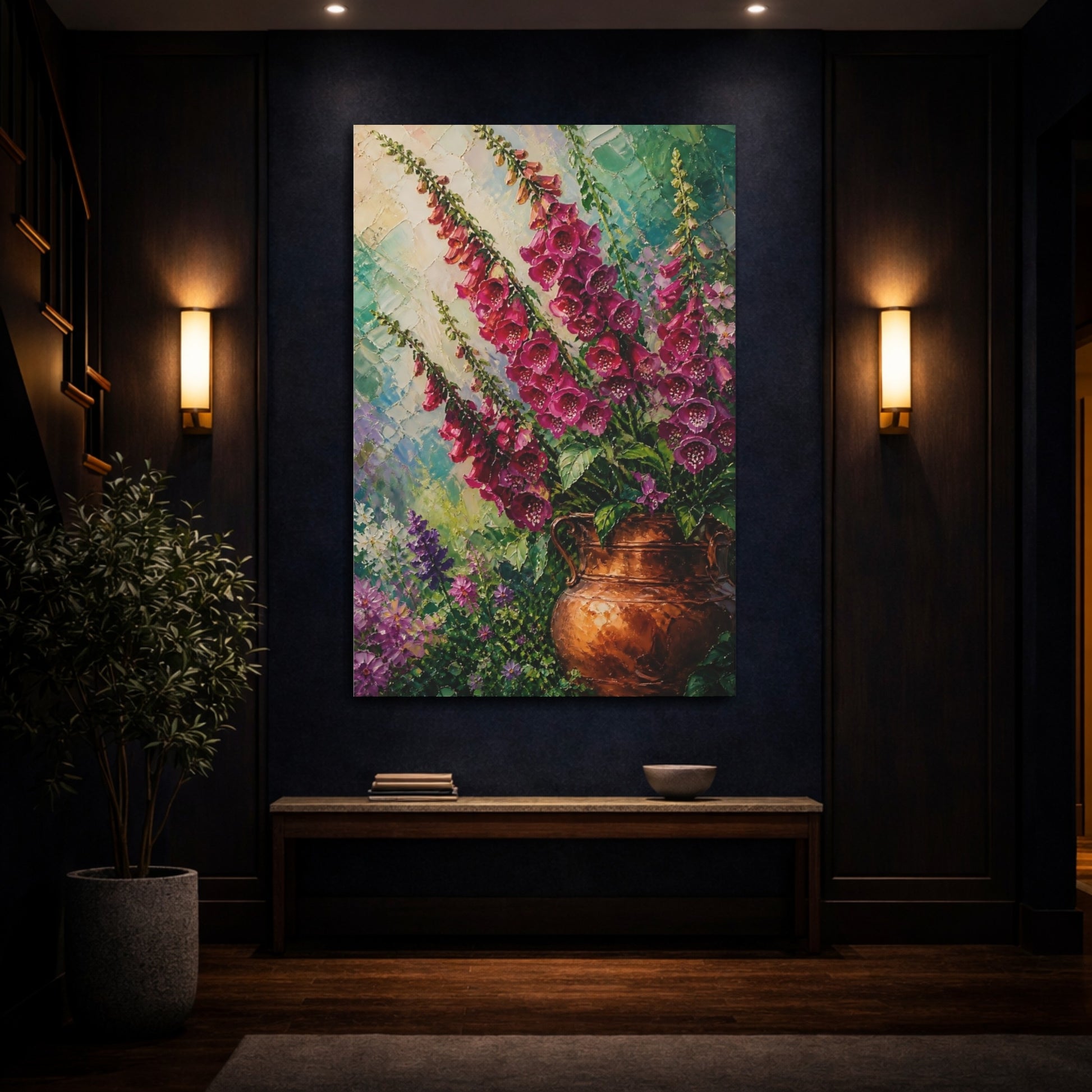 Mockup 4. Foxglove Flowers In Copper Vase shown as canvas print