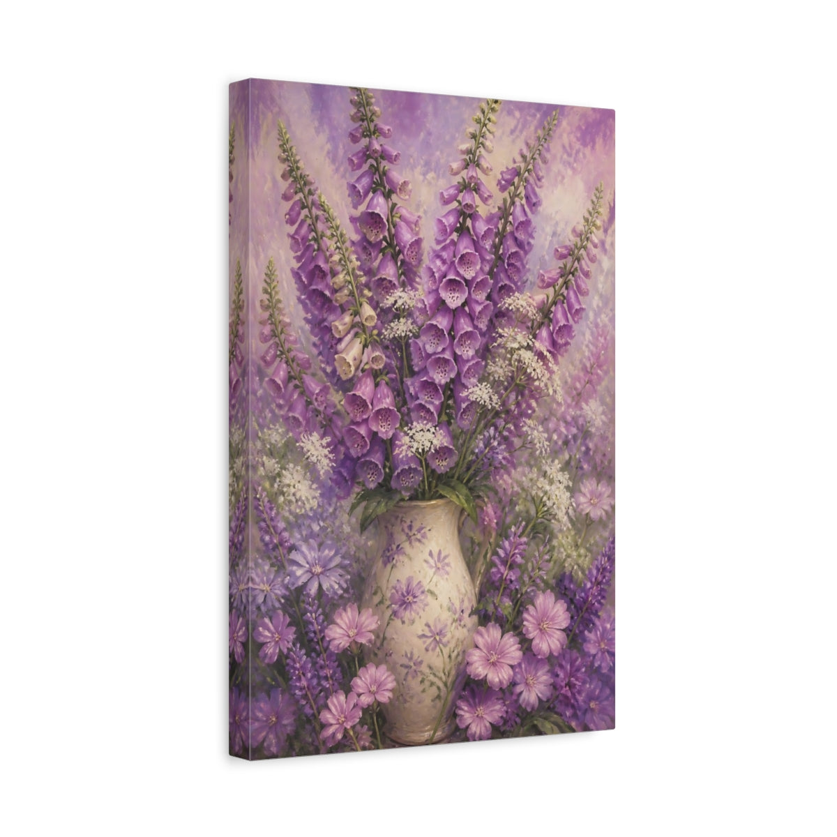 Side Mockup 4. Foxglove Flowers In Vase shown as canvas print