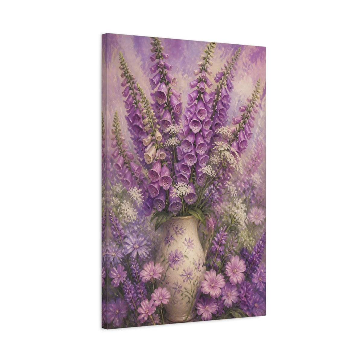 Side Mockup 2. Foxglove Flowers In Vase shown as canvas print
