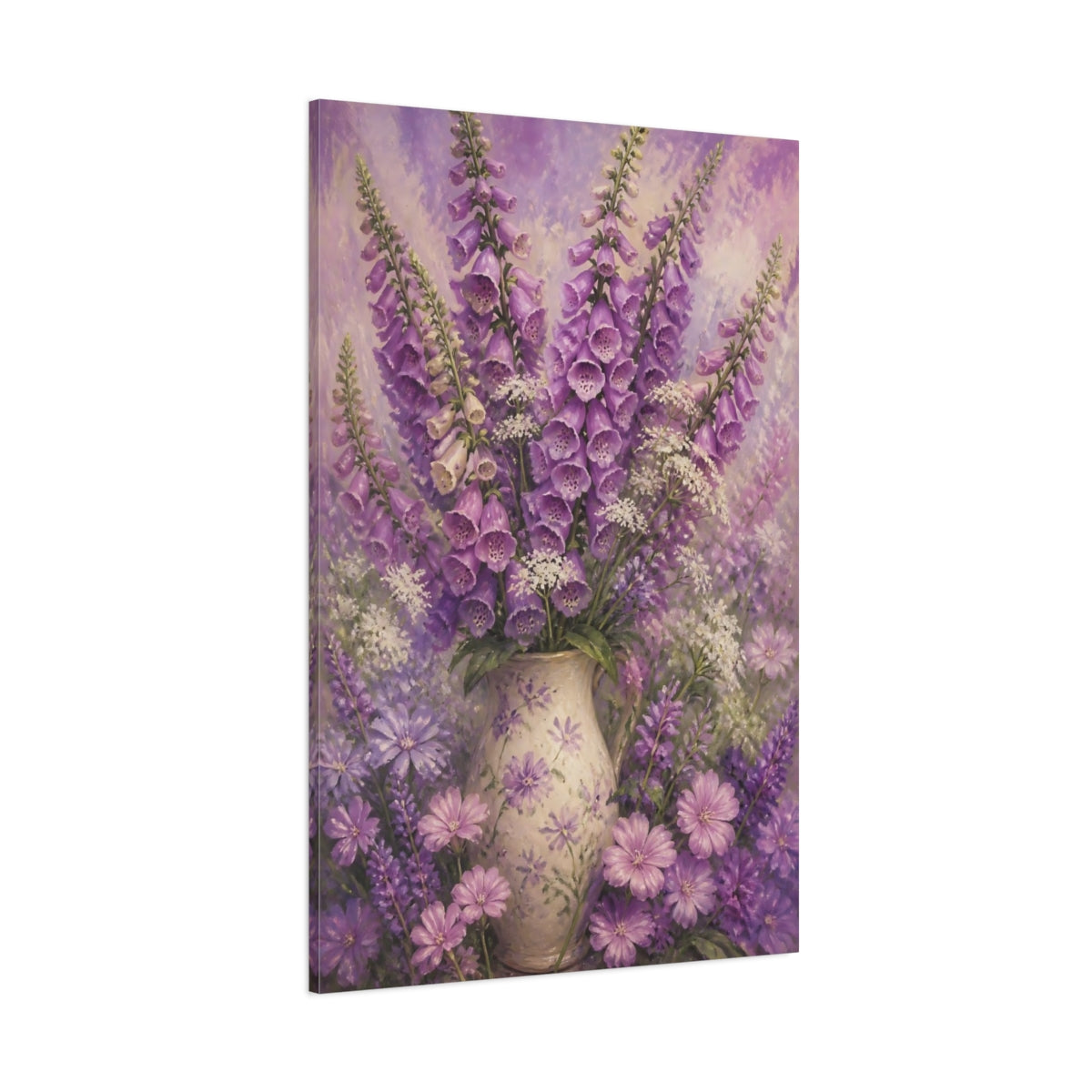 Side Mockup 1. Foxglove Flowers In Vase shown as canvas print