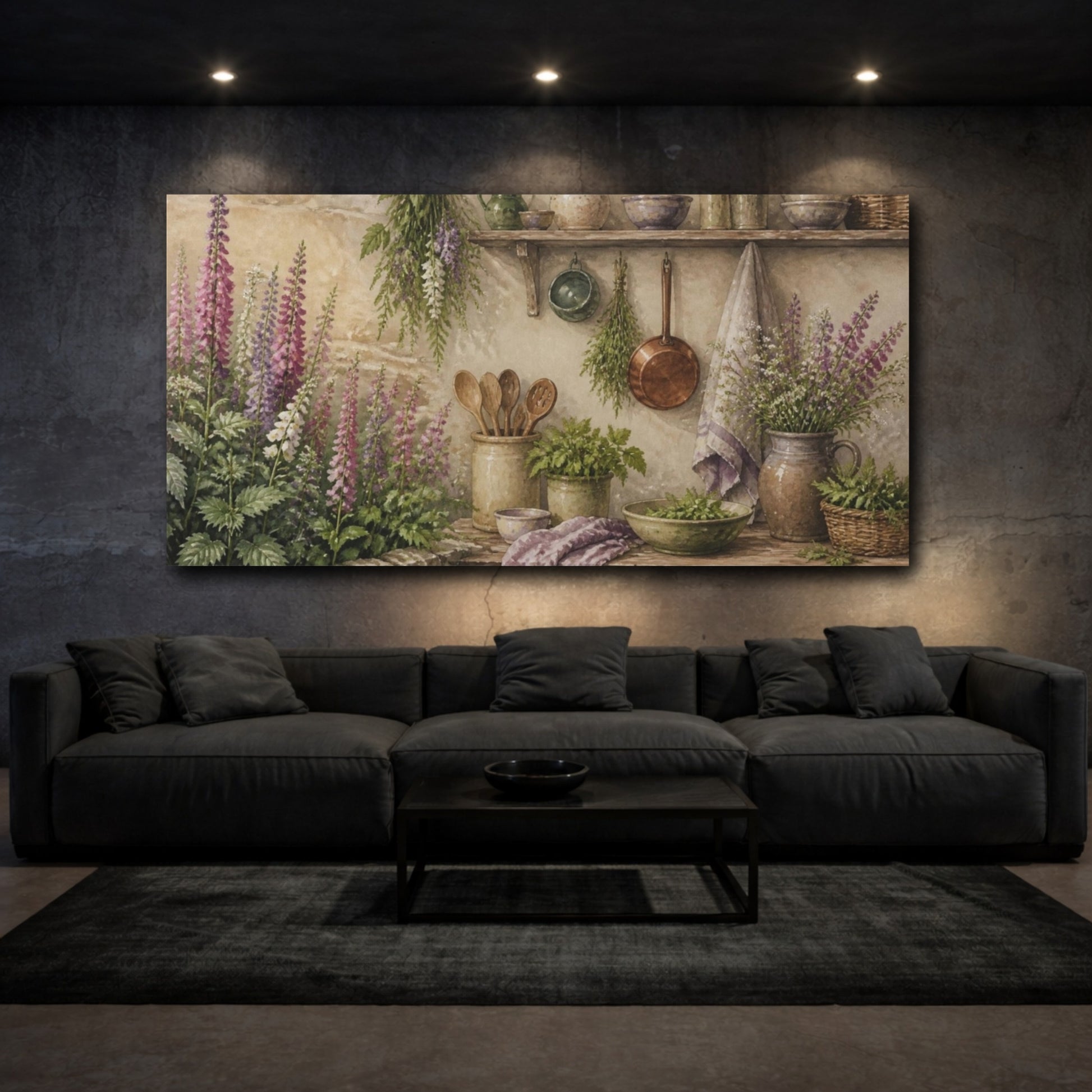 Mockup 3. Foxgloves & Rustic Kitchen Shelf shown as canvas print