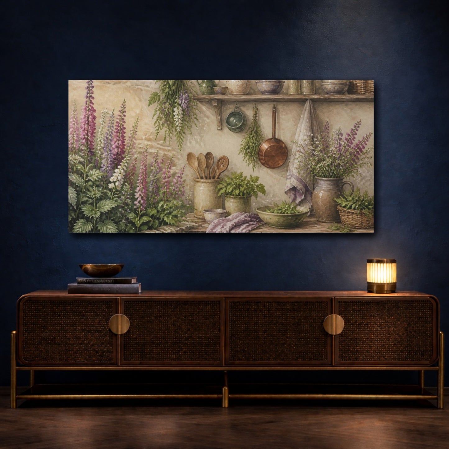 Mockup 4. Foxgloves & Rustic Kitchen Shelf shown as canvas print