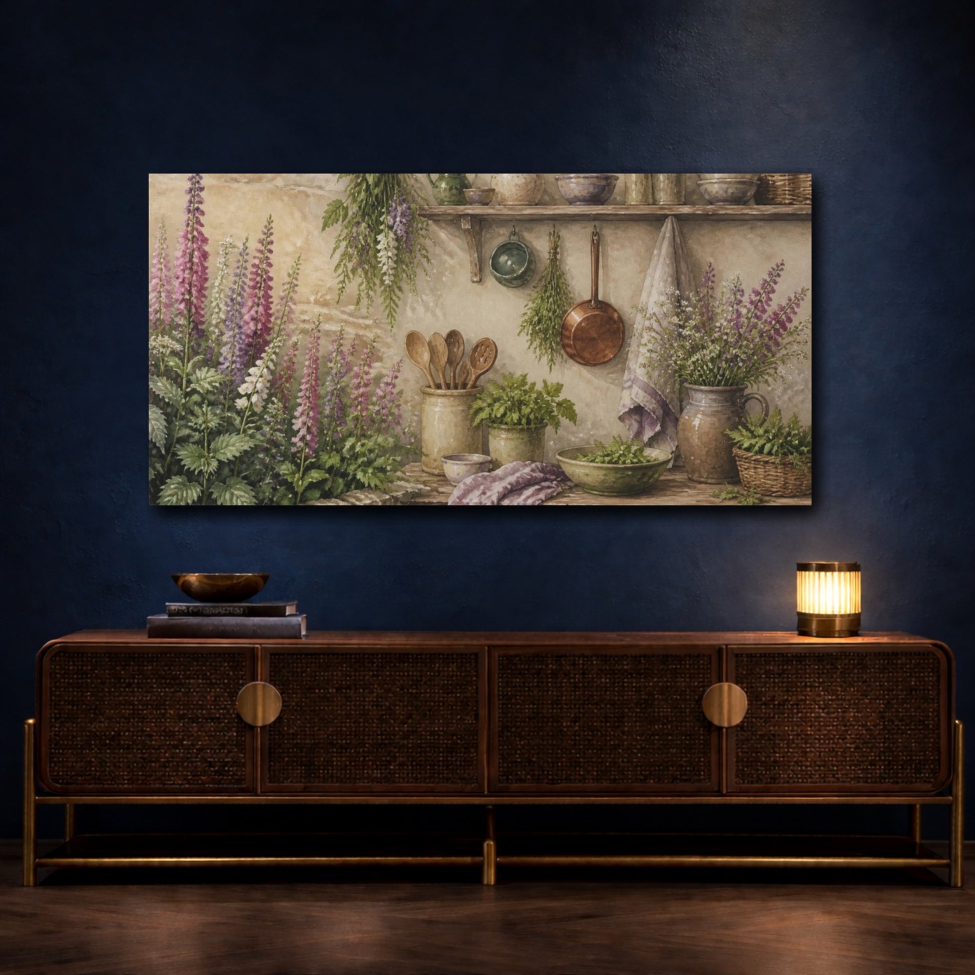 Mockup 4. Foxgloves & Rustic Kitchen Shelf shown as canvas print