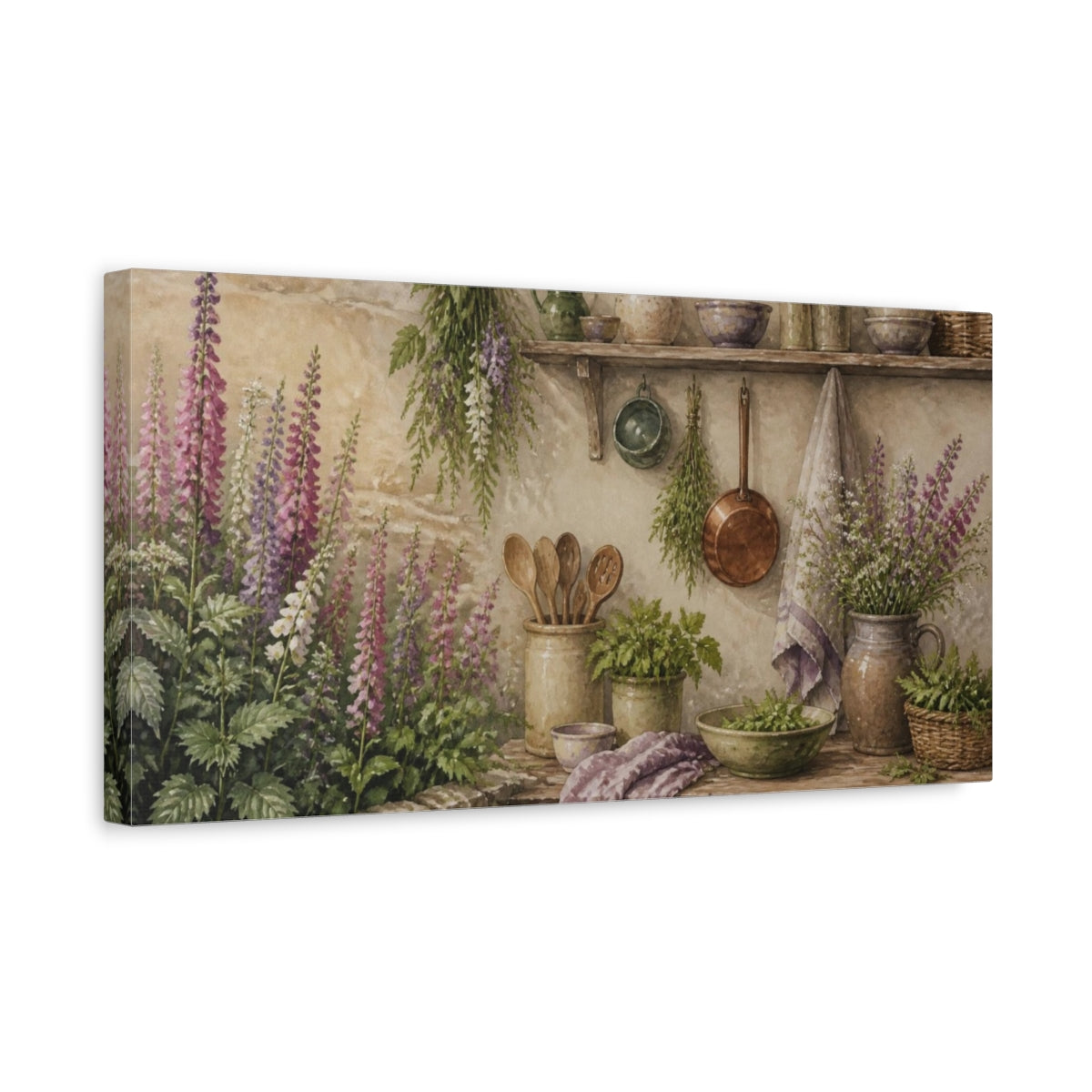 Side Mockup 3. Foxgloves & Rustic Kitchen Shelf shown as canvas print
