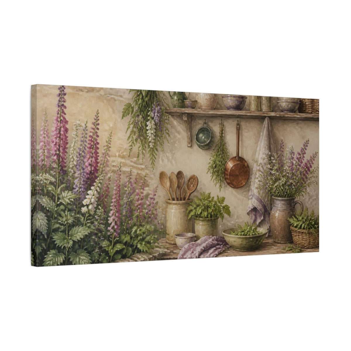Side Mockup 1. Foxgloves & Rustic Kitchen Shelf shown as canvas print
