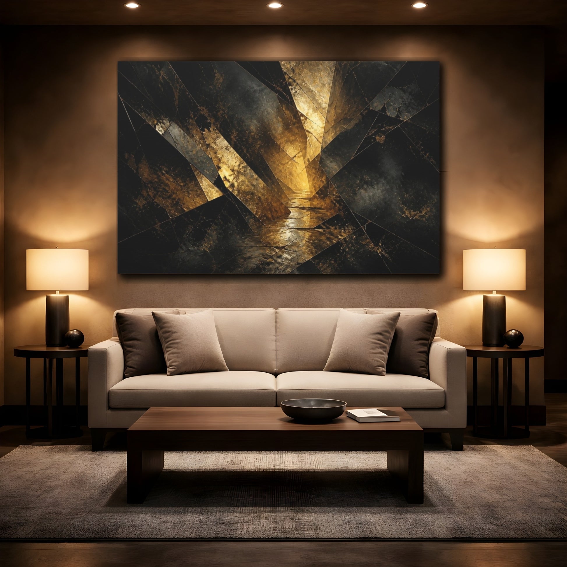 Mockup 2. Fractured Gold Passage shown as canvas print