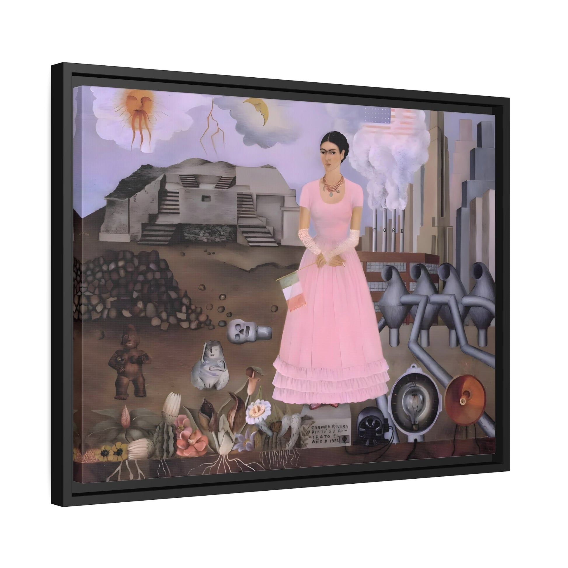 Framed Canvas Print Frida Kahlo Mexico US Boarder - Famous Wall Art Painting in Exclusive Frame