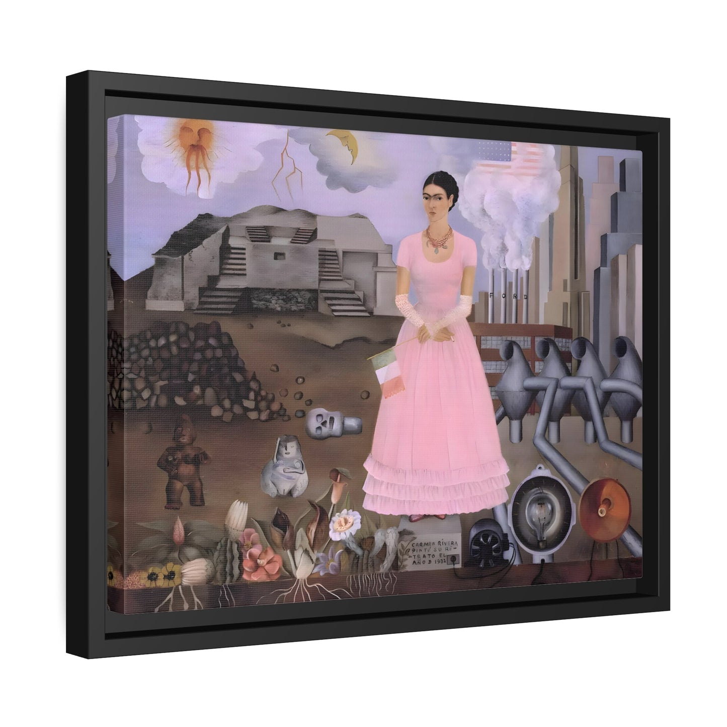 Framed Canvas Print Frida Kahlo Mexico US Boarder - Famous Wall Art Painting in Exclusive Frame