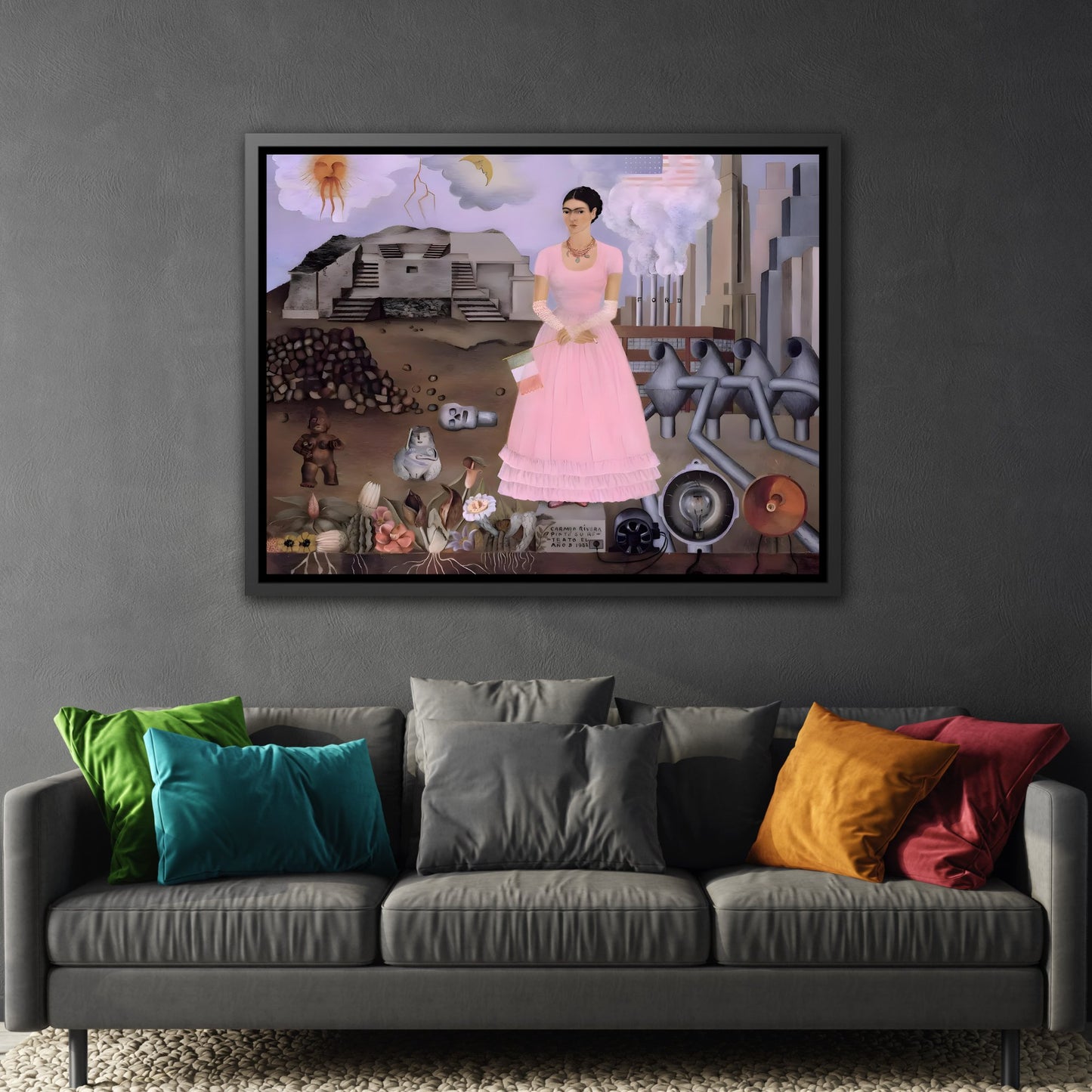 Framed Canvas Print Frida Kahlo Mexico US Boarder - Famous Wall Art Painting in Exclusive Frame