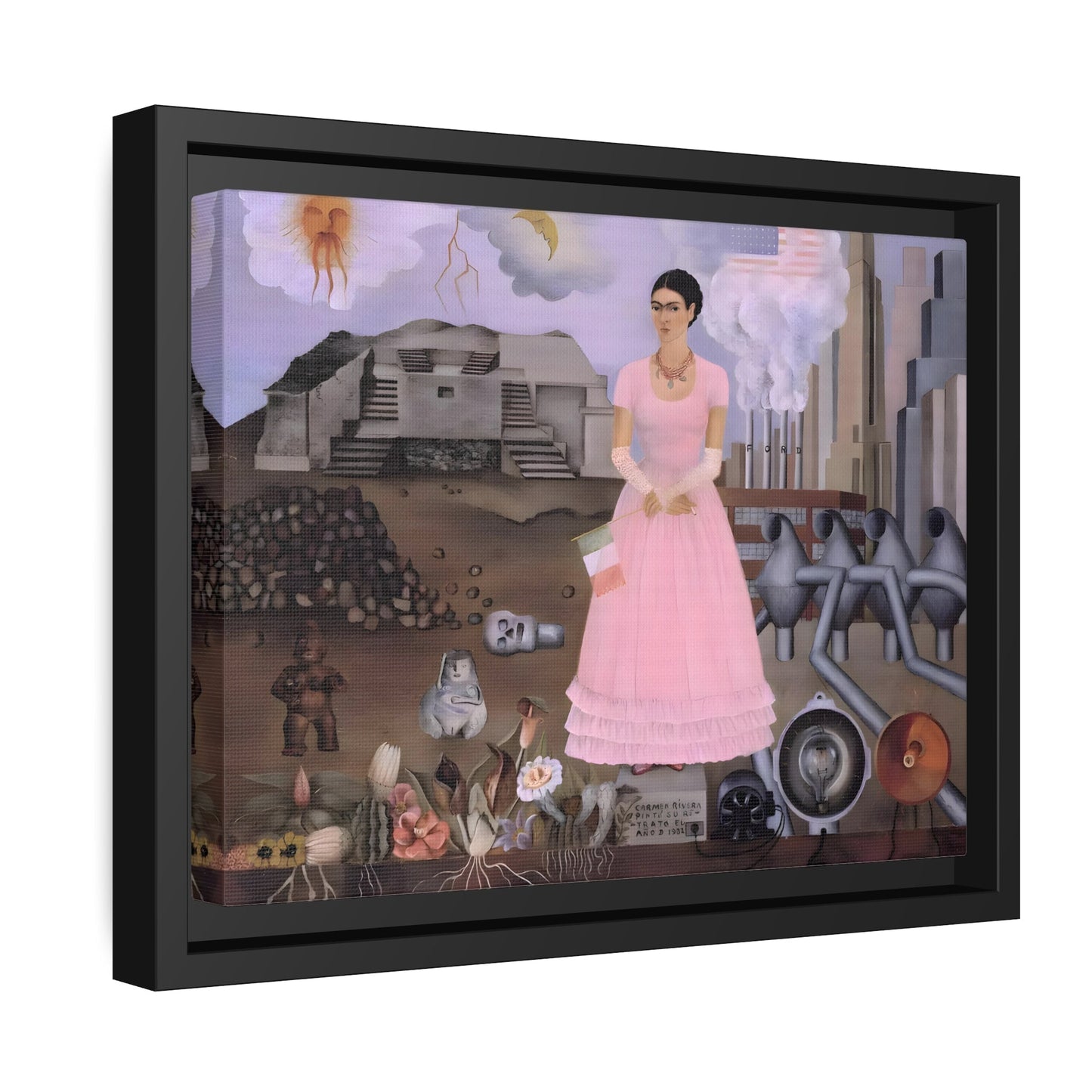 Framed Canvas Print Frida Kahlo Mexico US Boarder - Famous Wall Art Painting in Exclusive Frame