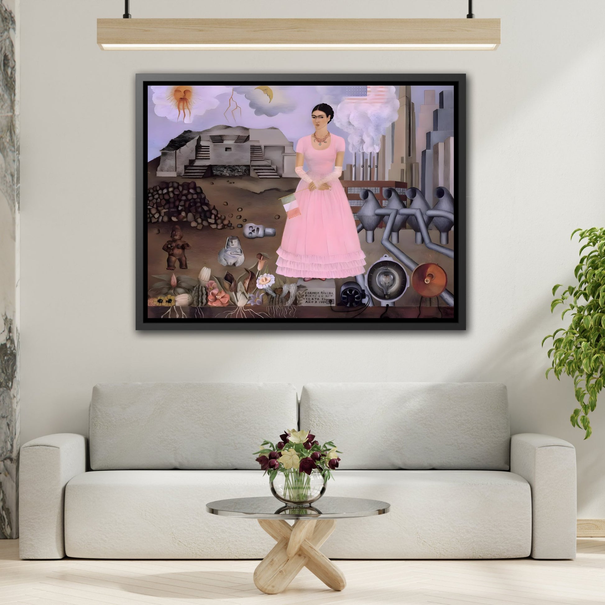 Framed Canvas Print Frida Kahlo Mexico US Boarder - Famous Wall Art Painting in Exclusive Frame