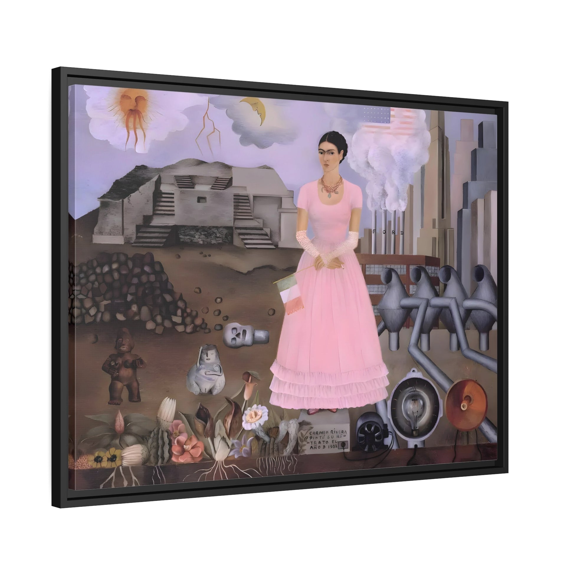 Framed Canvas Print Frida Kahlo Mexico US Boarder - Famous Wall Art Painting in Exclusive Frame