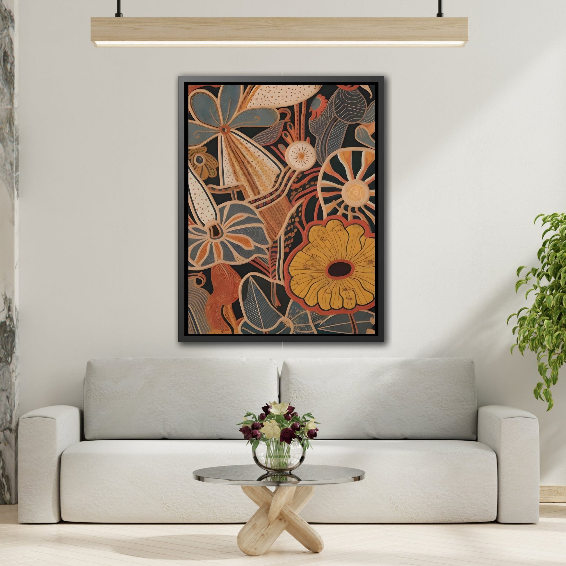 Framed Flowers Floral Botanical Canvas Wall Art Print - Mid Century Modern Boho Decor Prints in Black Frame