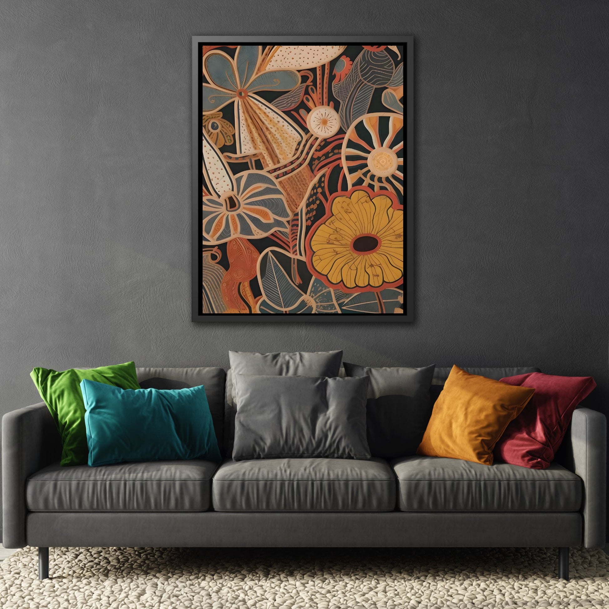 Framed Flowers Floral Botanical Canvas Wall Art Print - Mid Century Modern Boho Decor Prints in Black Frame