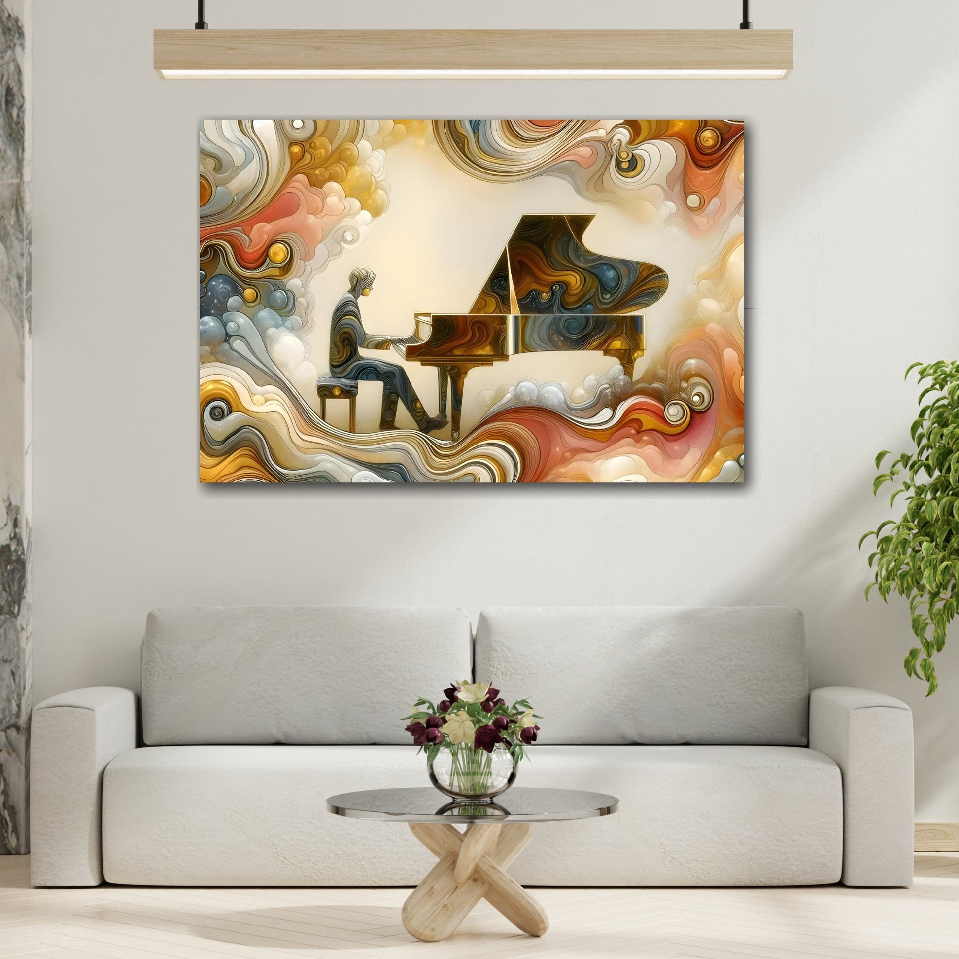 Framed Music Canvas Wall Art Print - Dream Marble Abstract Grand Piano in Gold and Cream - Modern Home Decor for Living Room