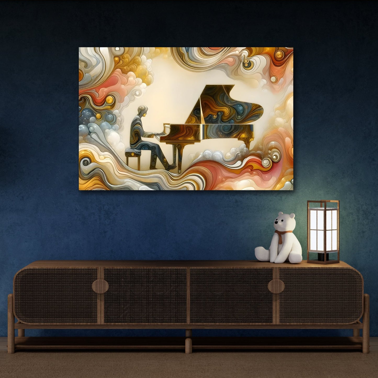 Framed Music Canvas Wall Art Print - Dream Marble Abstract Grand Piano in Gold and Cream - Modern Home Decor for Living Room