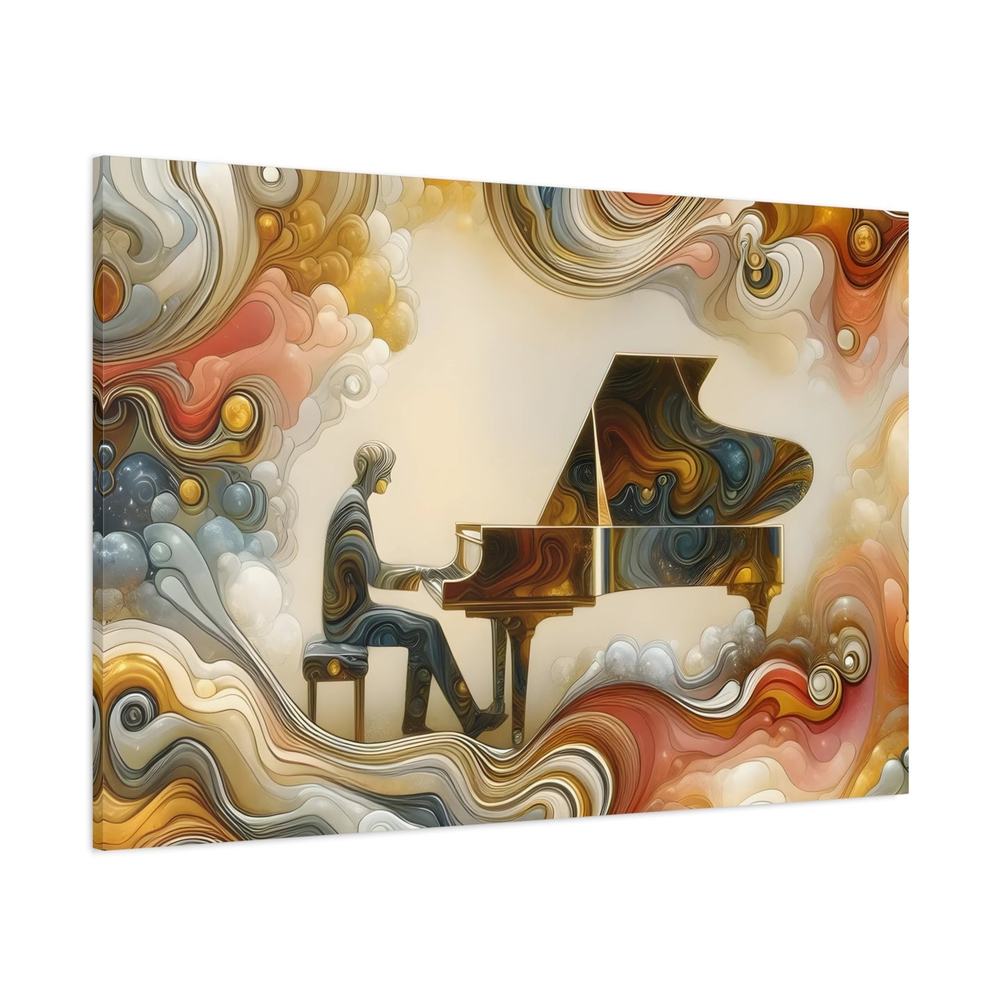 Framed Music Canvas Wall Art Print - Dream Marble Abstract Grand Piano in Gold and Cream - Modern Home Decor for Living Room