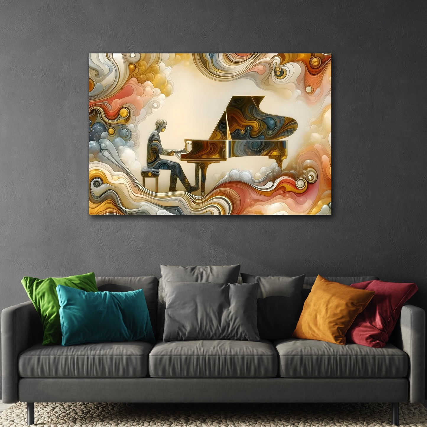 Framed Music Canvas Wall Art Print - Dream Marble Abstract Grand Piano in Gold and Cream - Modern Home Decor for Living Room