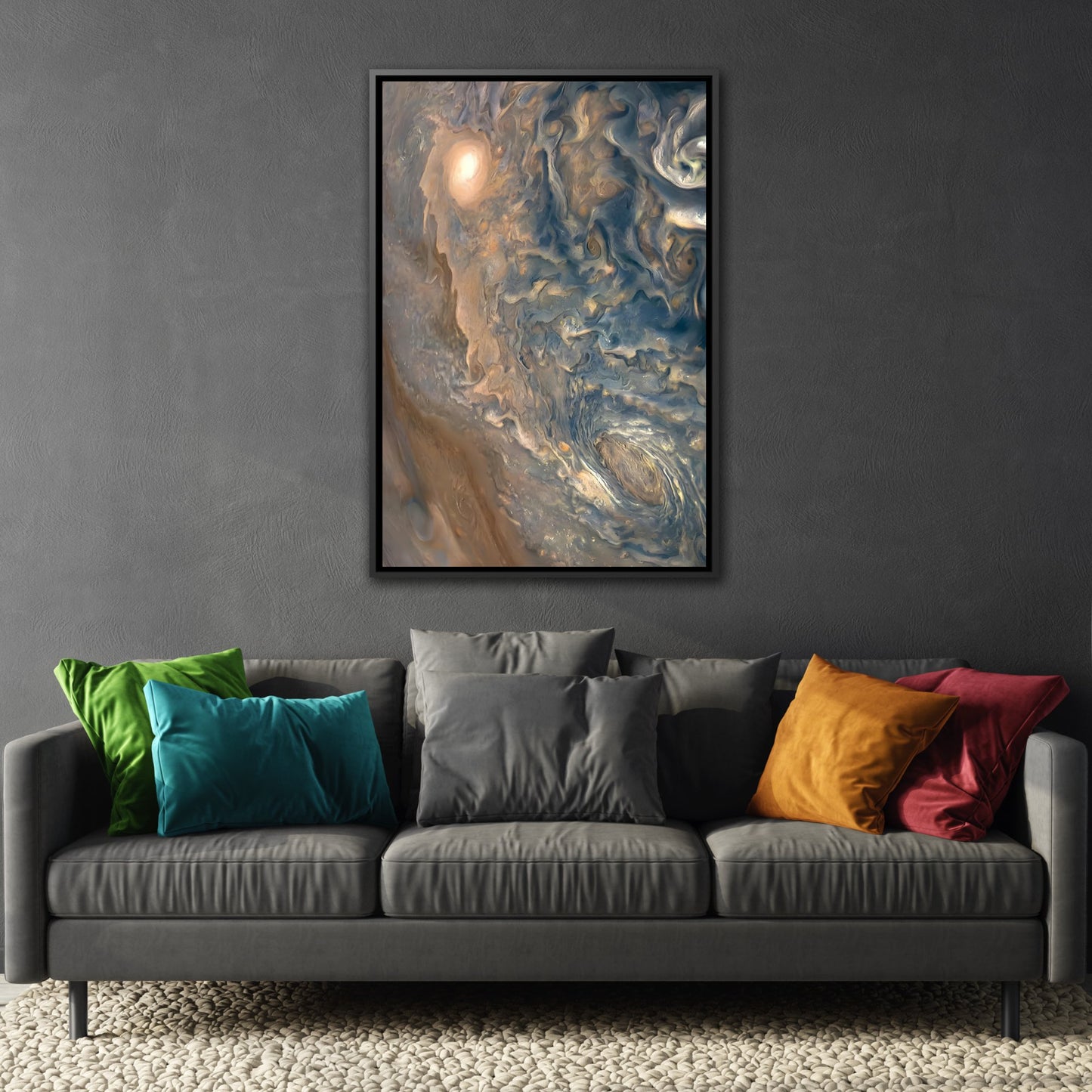 Framed Natural Abstract Canvas Wall Art Print - Nasa Astronomy Space Colorful Jupiter Cloud Storm in Black Frame