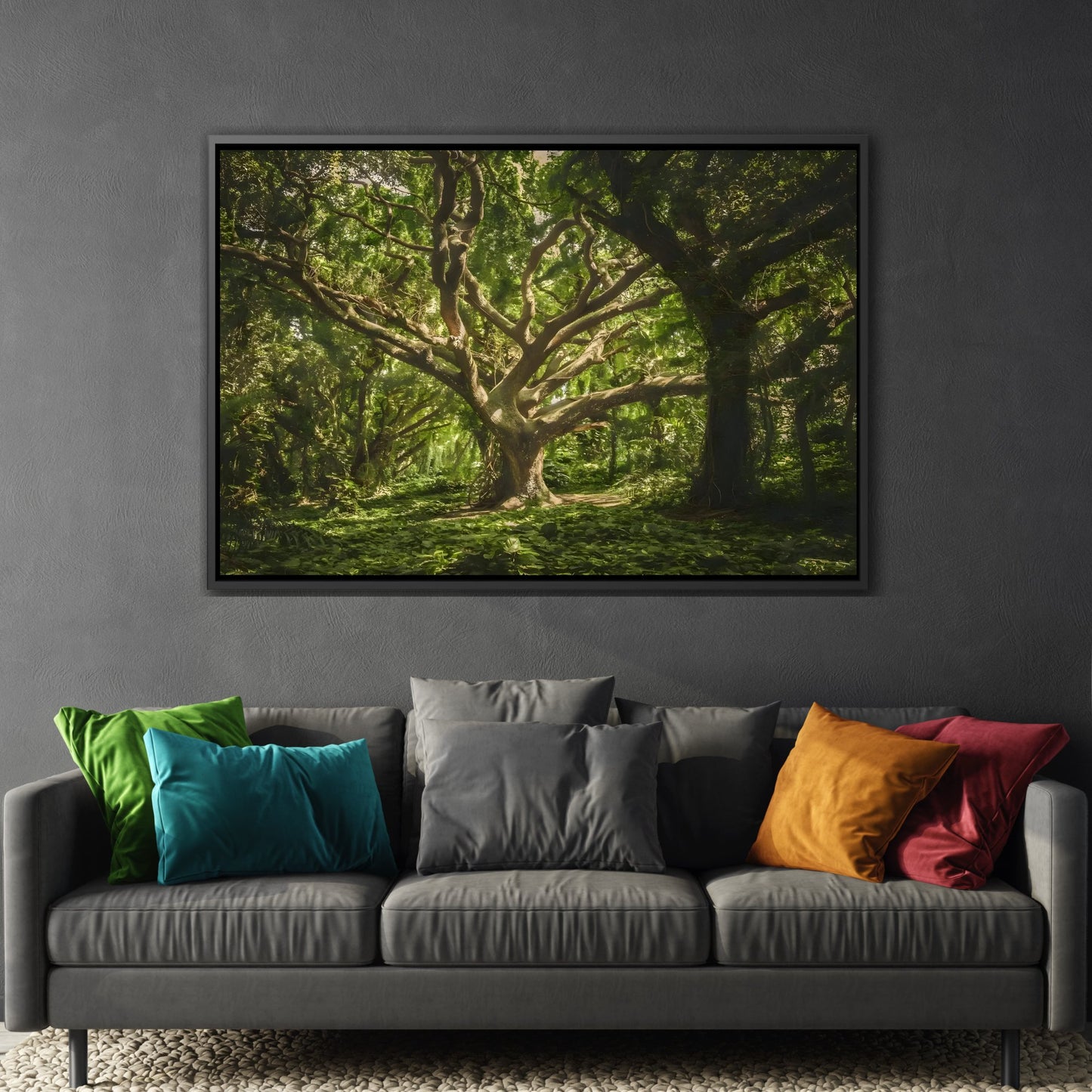 Framed Nature Landscape Wall Art Canvas Print - Framed Green Tree in Frame