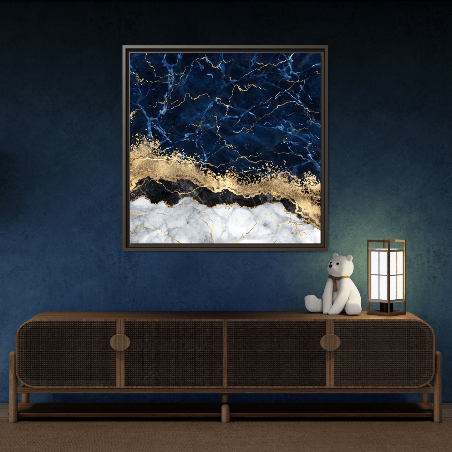 Framed Navy Blue Gold Marble Canvas Wall Art - Luxury Abstract Decor Print - YesArtYes