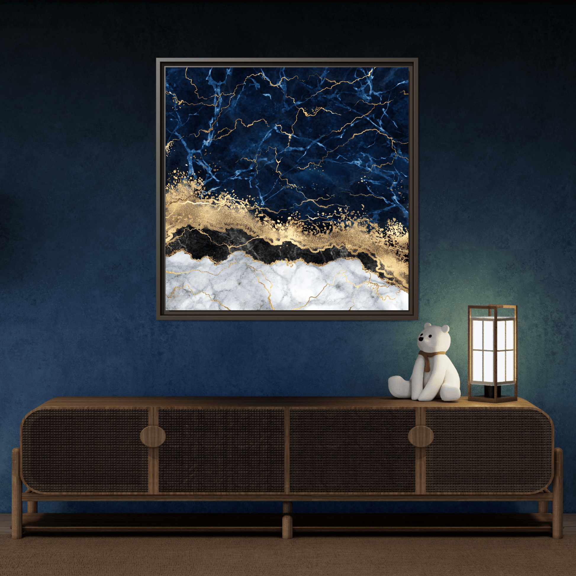 Framed Navy Blue Gold Marble Canvas Wall Art - Luxury Abstract Decor Print - YesArtYes