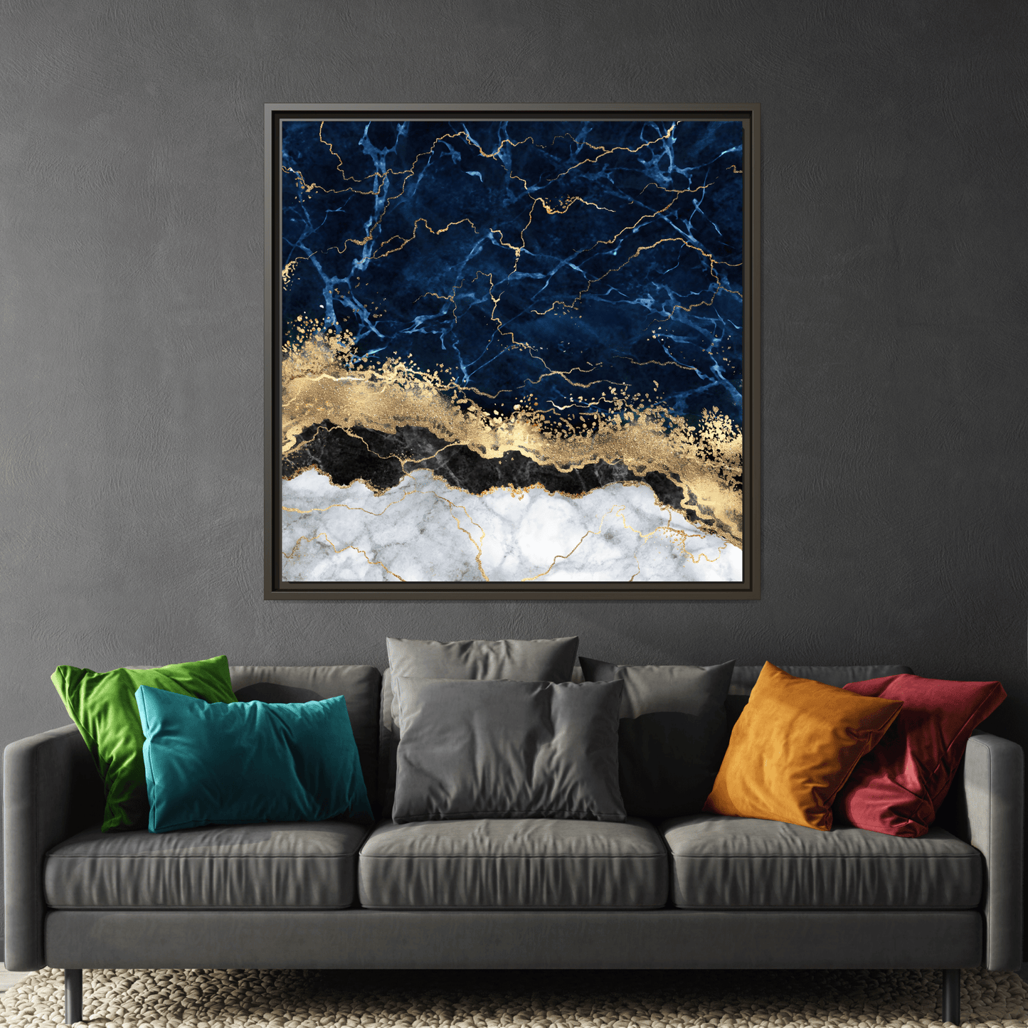 Framed Navy Blue Gold Marble Canvas Wall Art - Luxury Abstract Decor Print - YesArtYes