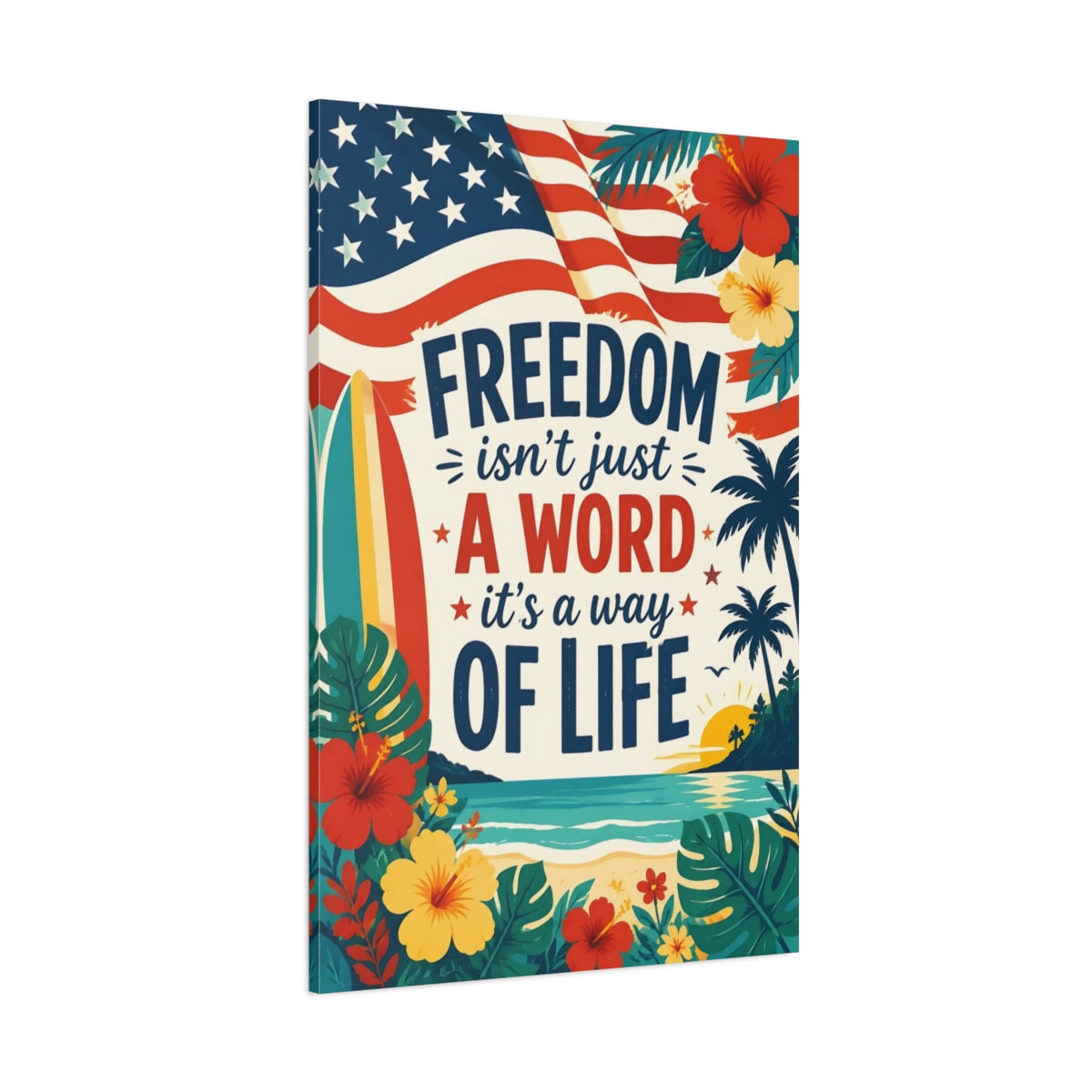 Side Mockup 1. Freedom Beach Wall Art shown as canvas print