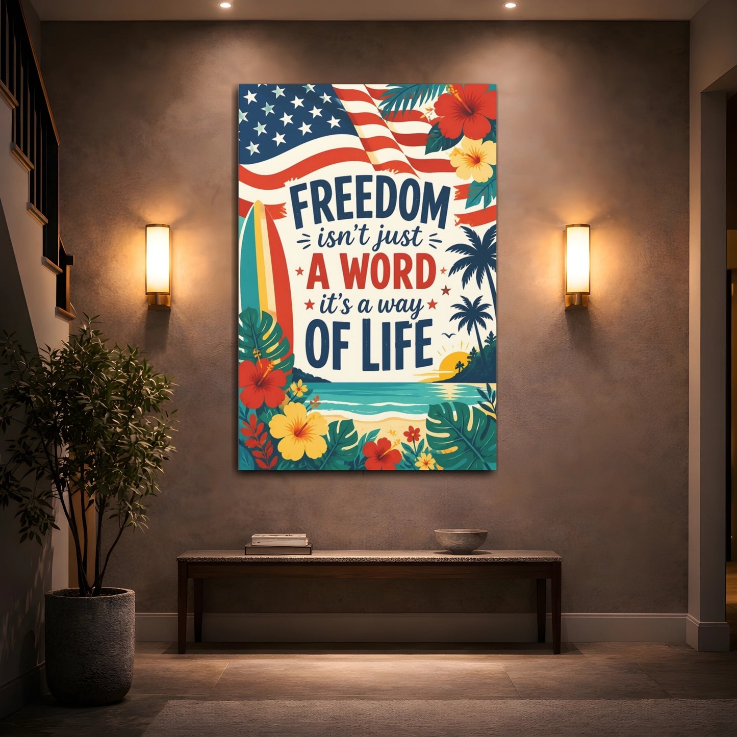 Mockup 2. Freedom Beach Wall Art shown as canvas print