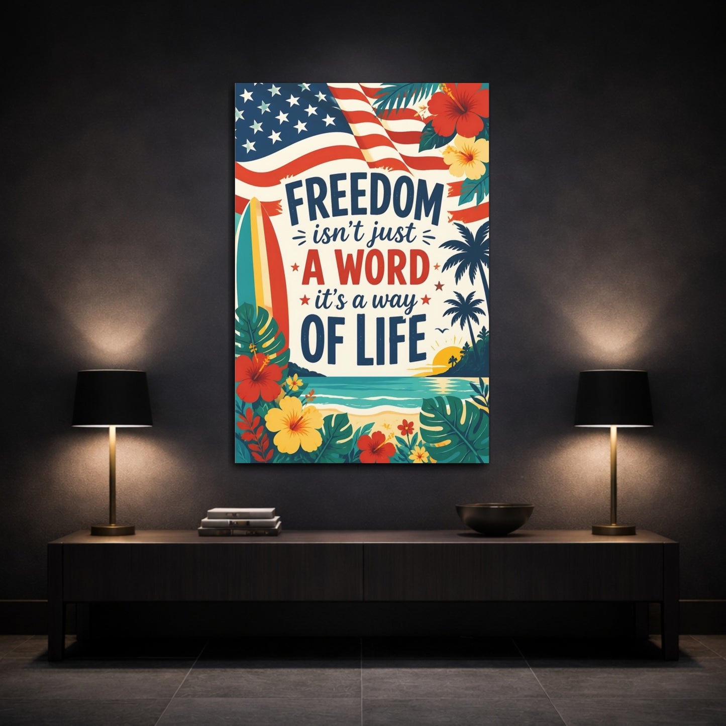 Mockup 3. Freedom Beach Wall Art shown as canvas print