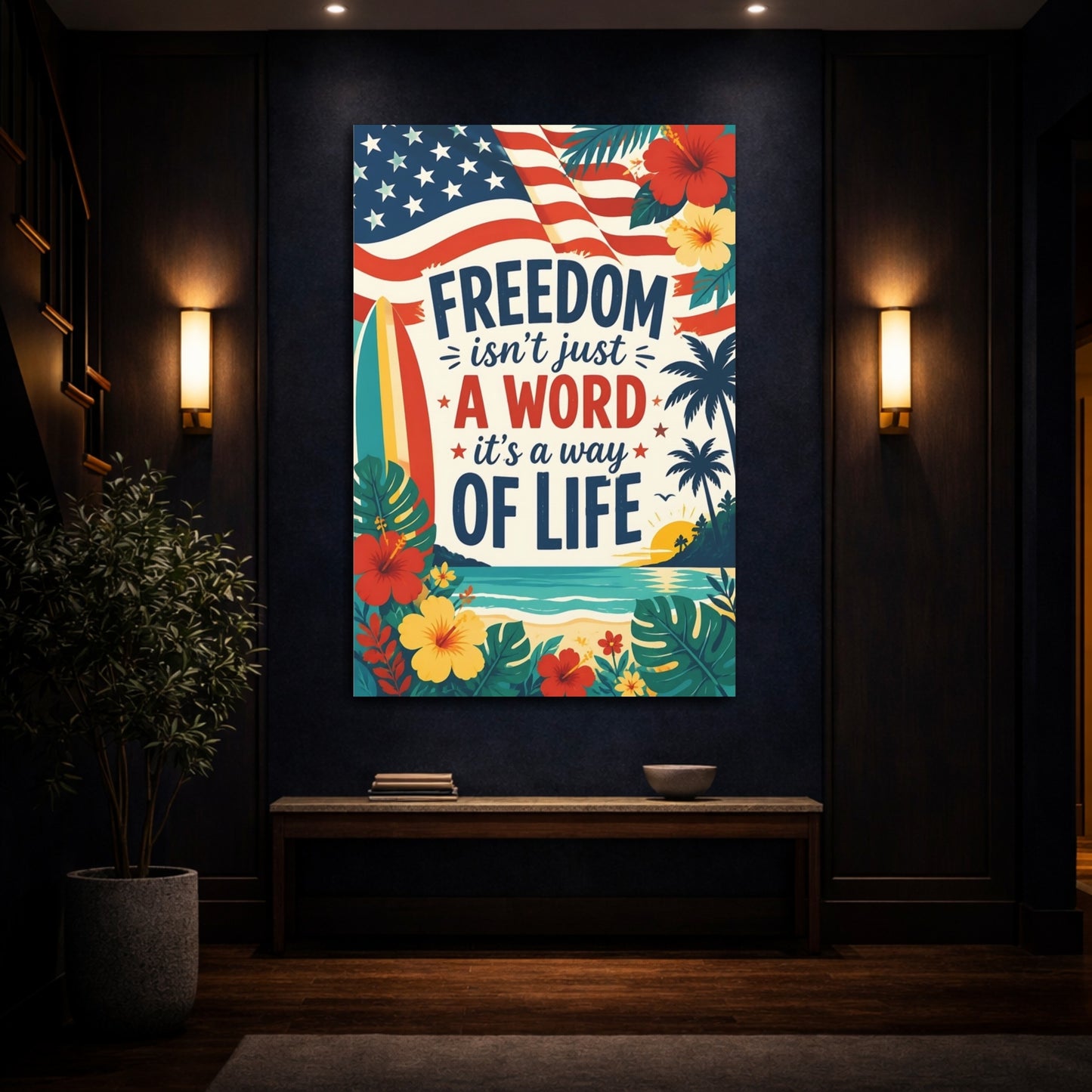 Mockup 4. Freedom Beach Wall Art shown as canvas print