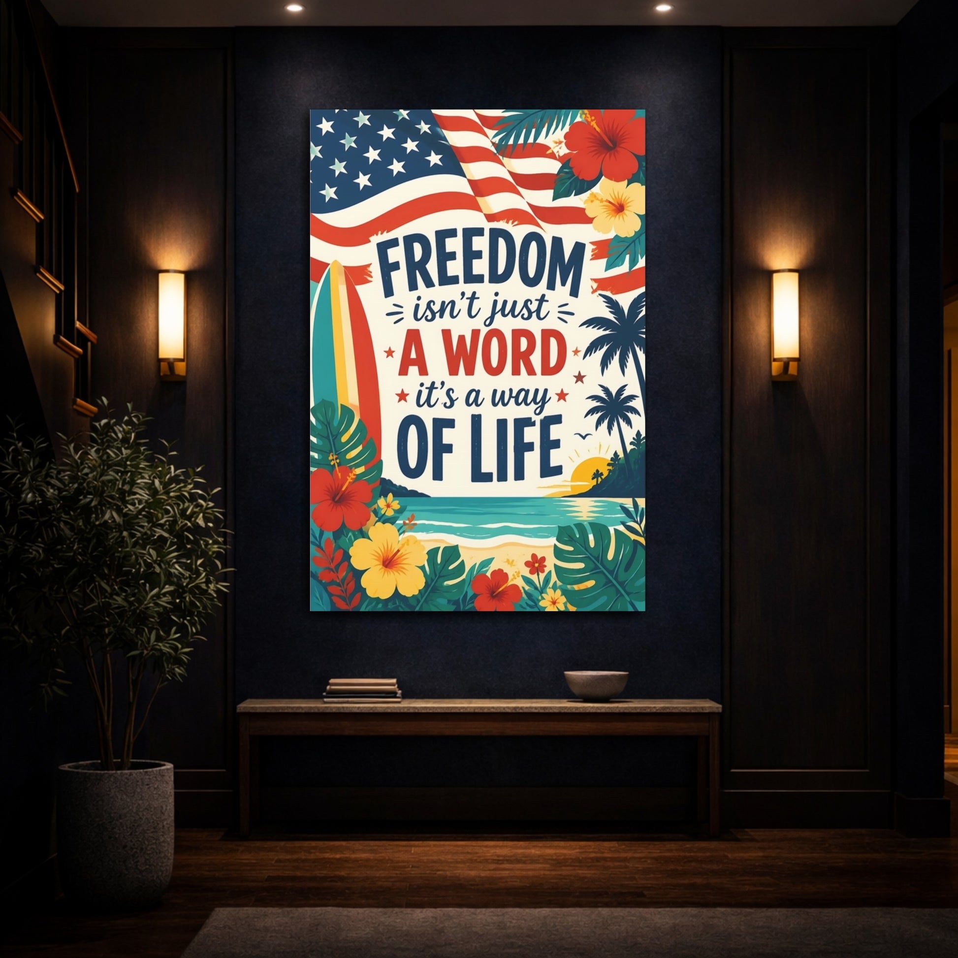 Mockup 4. Freedom Beach Wall Art shown as canvas print