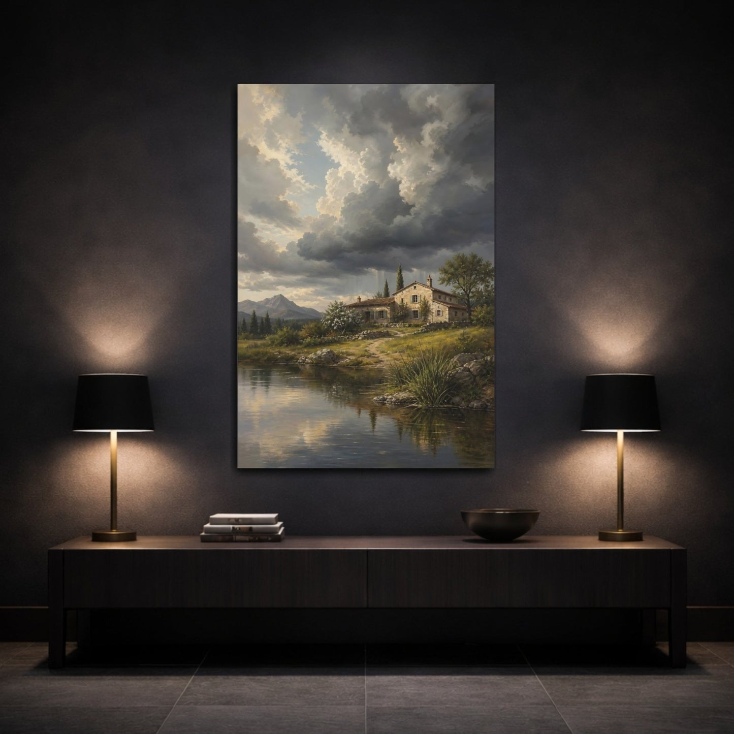 French Provincial Oil Painting Finish Ranch Canvas Wall Art Print – Vintage Living Room, Above Fireplace - YesArtYes
