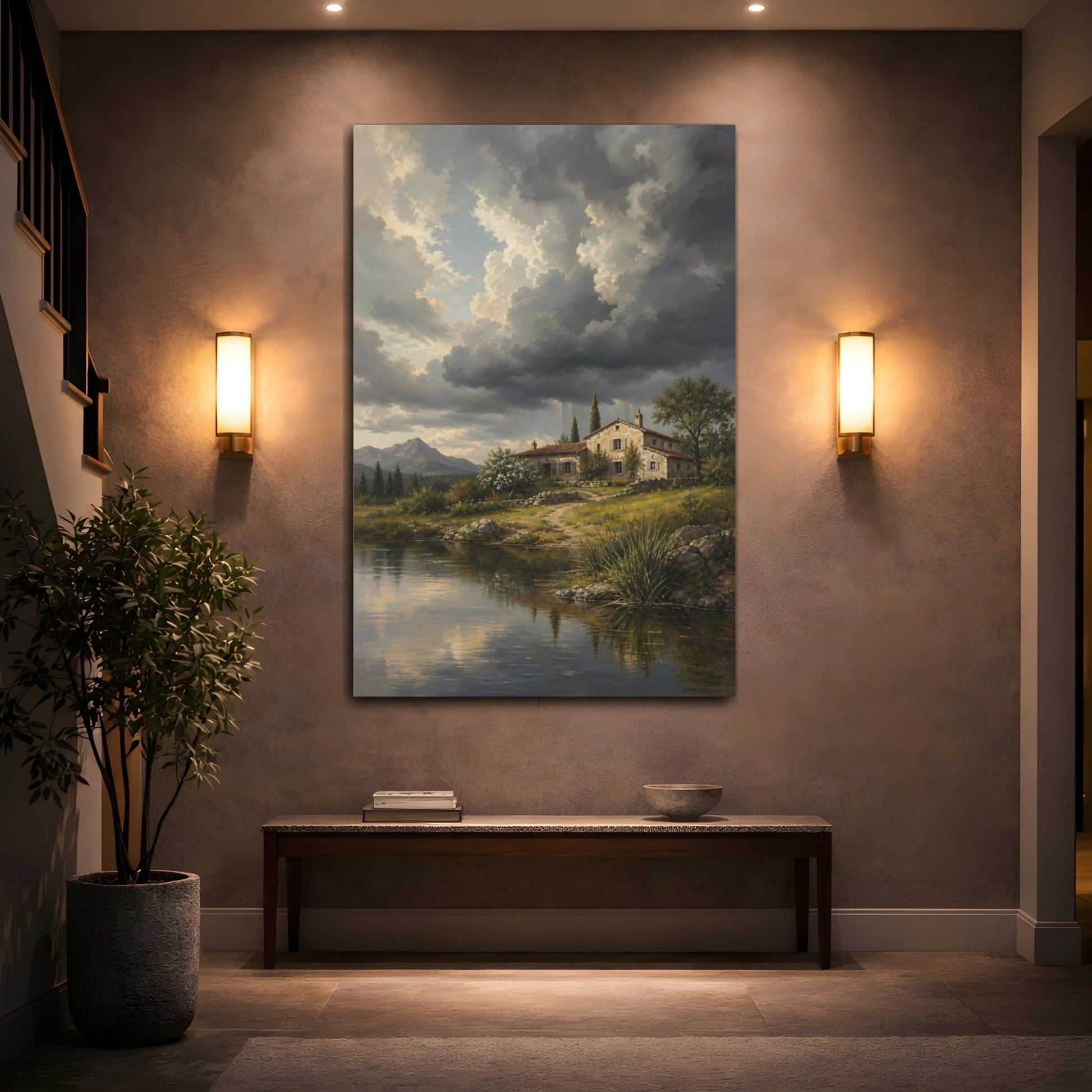 French Provincial Oil Painting Finish Ranch Canvas Wall Art Print – Vintage Living Room, Above Fireplace - YesArtYes