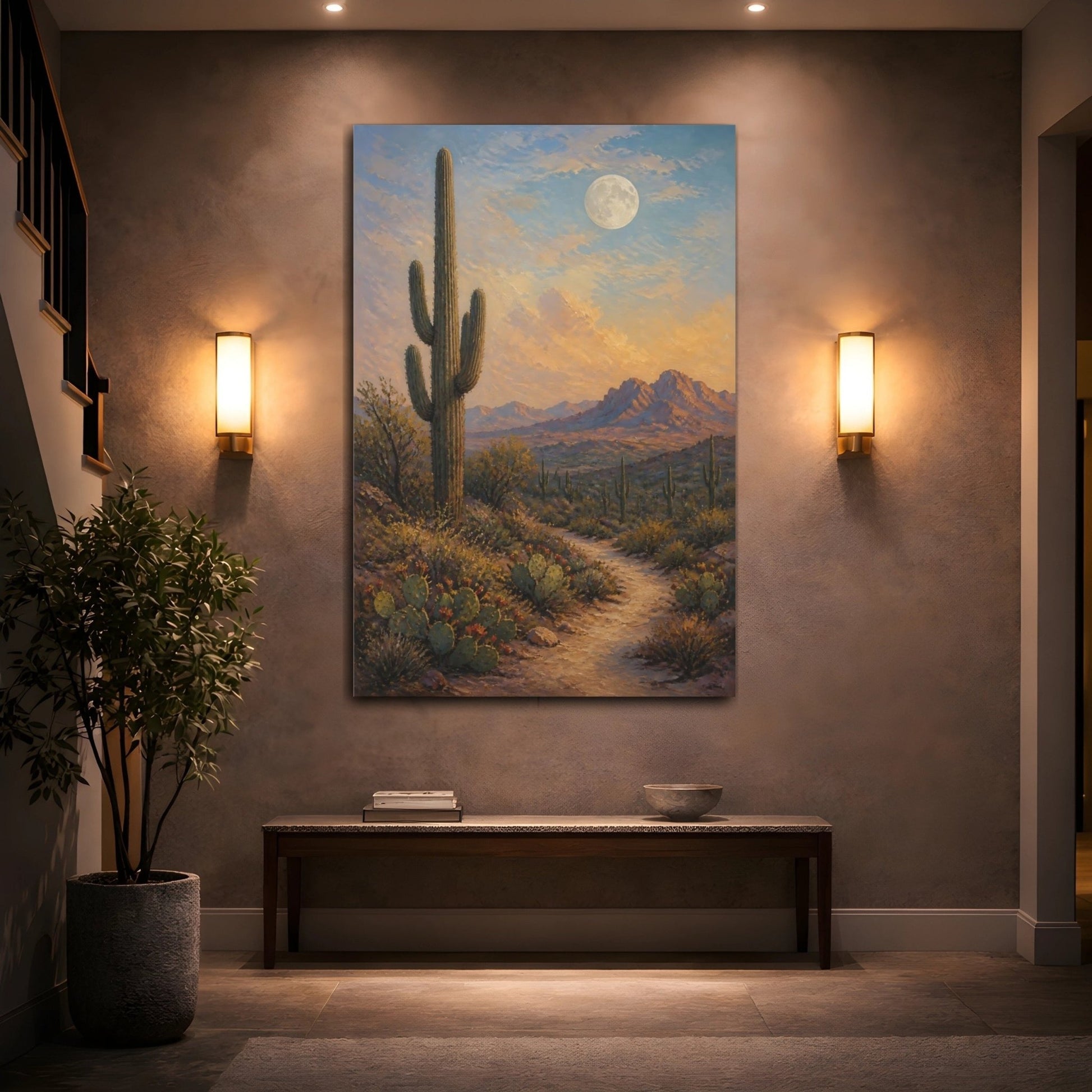 French Provincial Oil Painting Finish Saguaro Canvas Print – Painterly Decor for Living Room, Above Sofa - YesArtYes