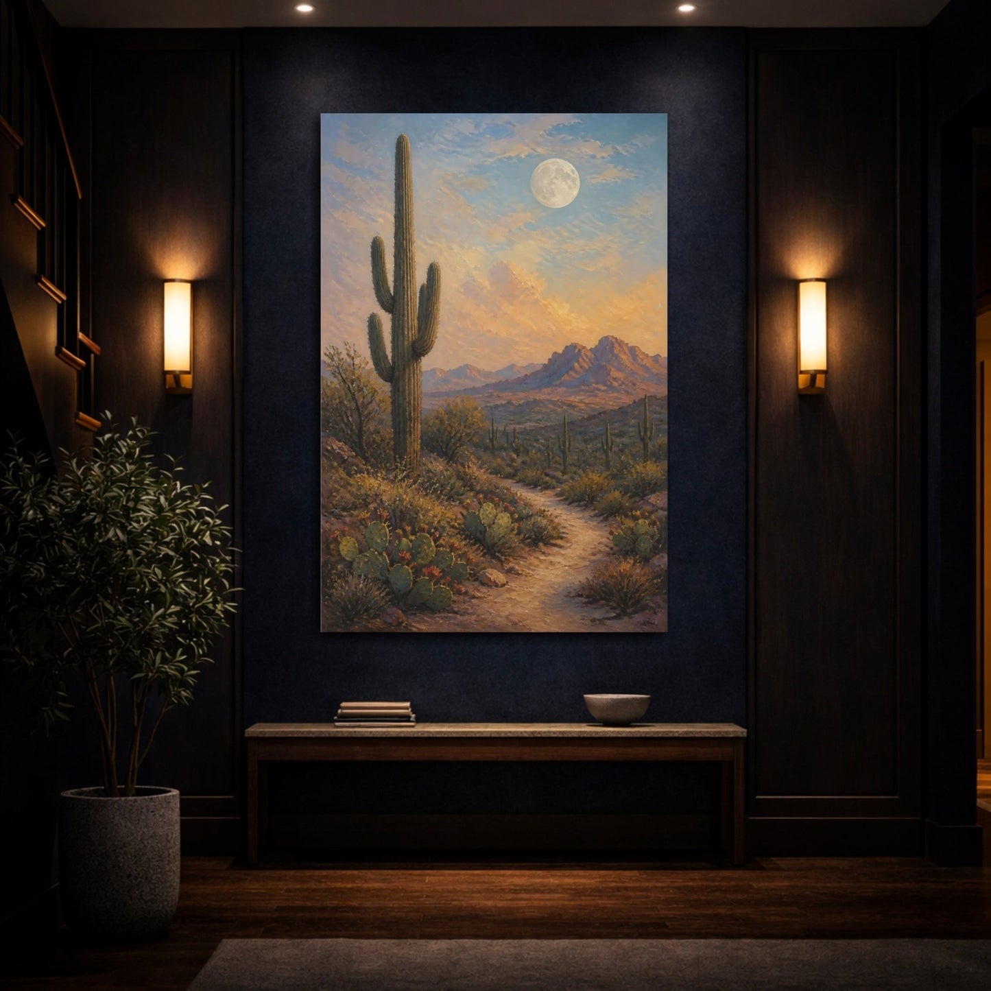 French Provincial Oil Painting Finish Saguaro Canvas Print – Painterly Decor for Living Room, Above Sofa - YesArtYes