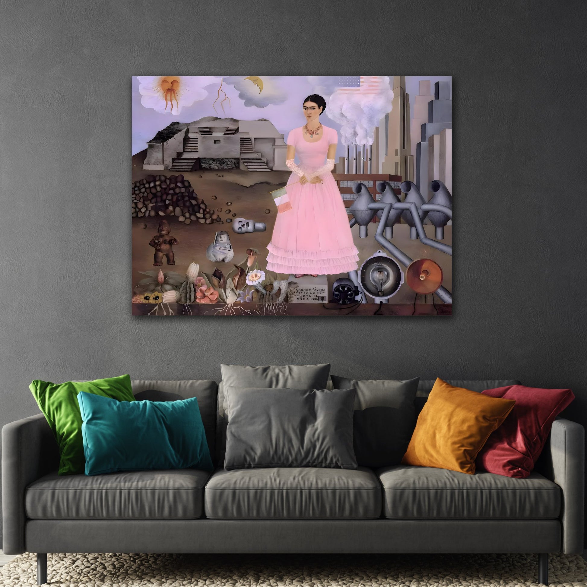 Frida Kahalo Self Portrait Along the Boarder Canvas Print - Framed Artwork Painting Reproduction