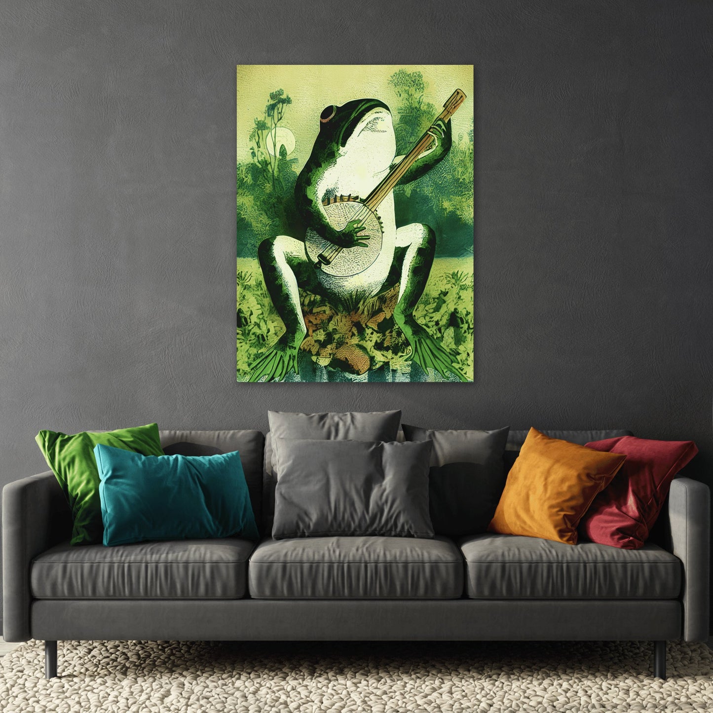 Frog Playing Banjo in The Moonlight - Framed Canvas Wall Art Print