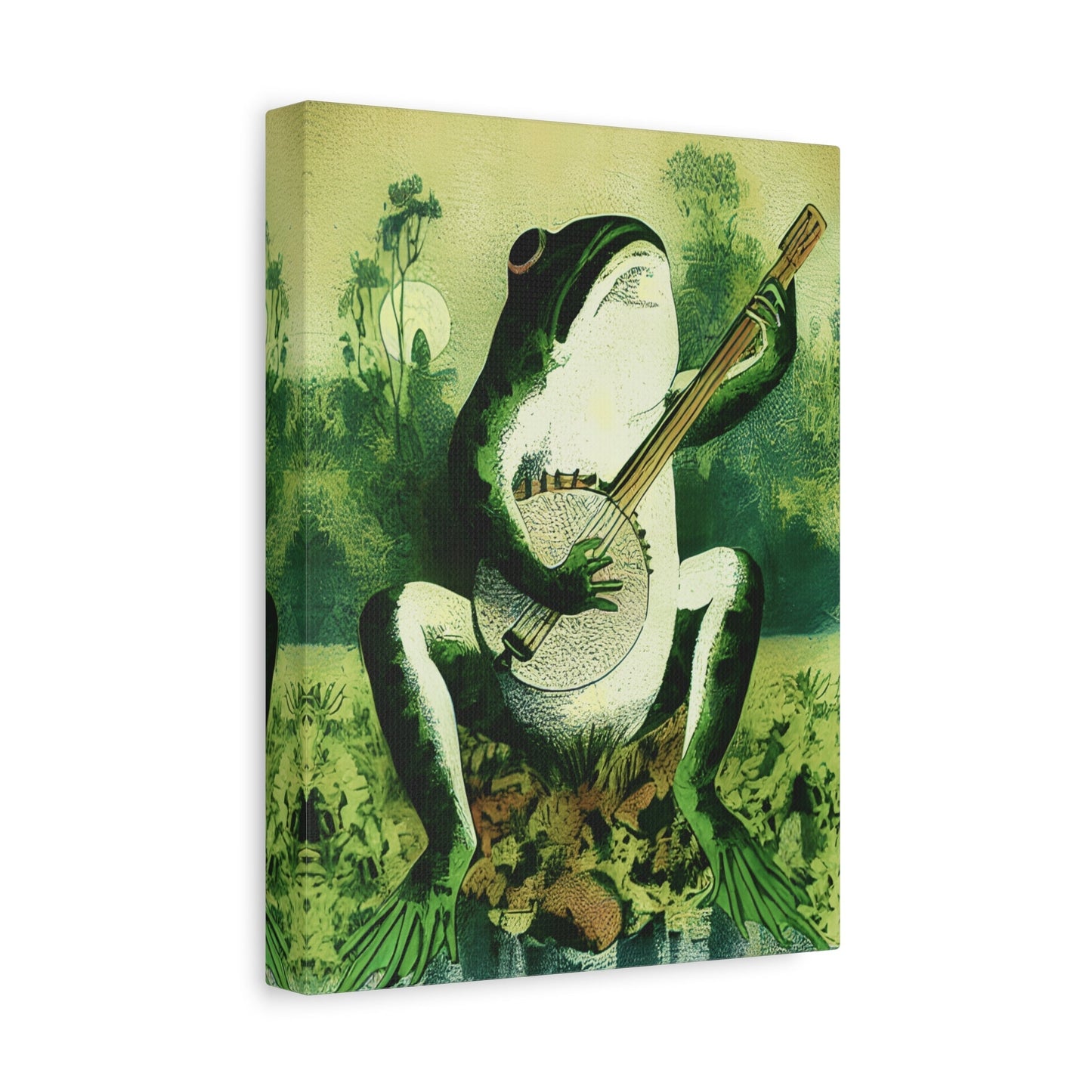 Frog Playing Banjo in The Moonlight - Framed Canvas Wall Art Print