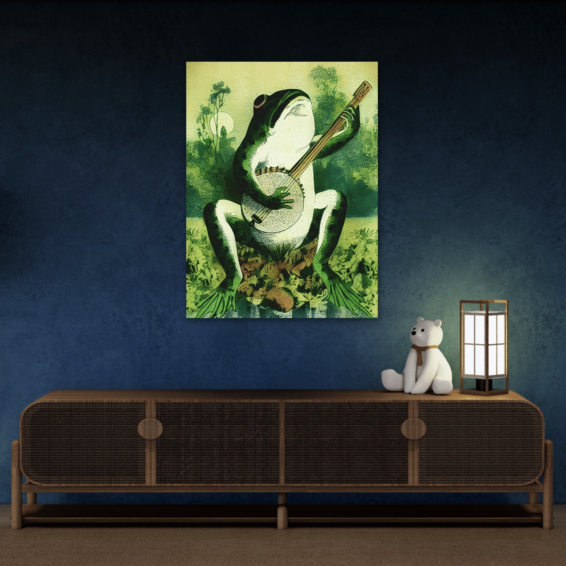 Frog Playing Banjo in The Moonlight - Framed Canvas Wall Art Print