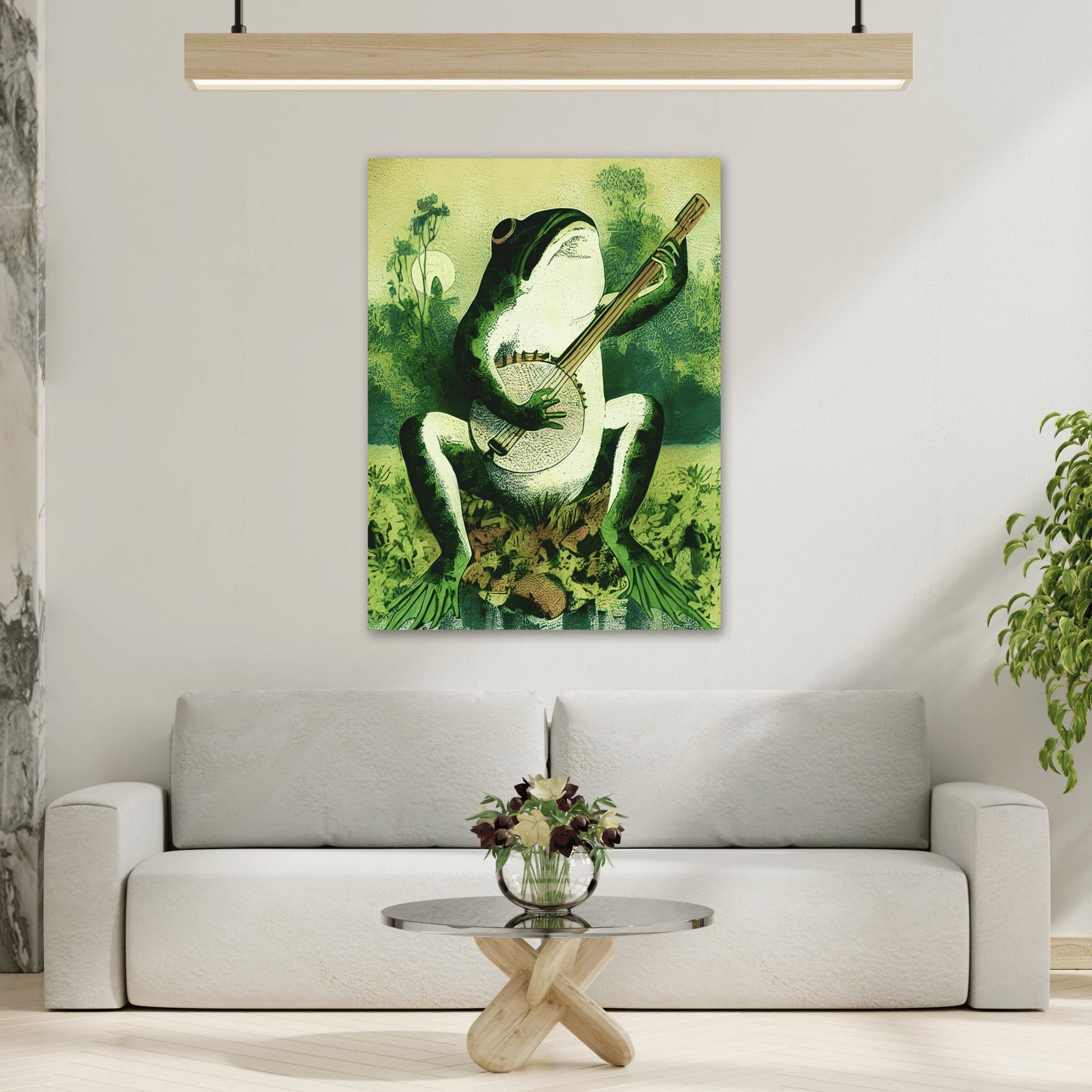 Frog Playing Banjo in The Moonlight - Framed Canvas Wall Art Print